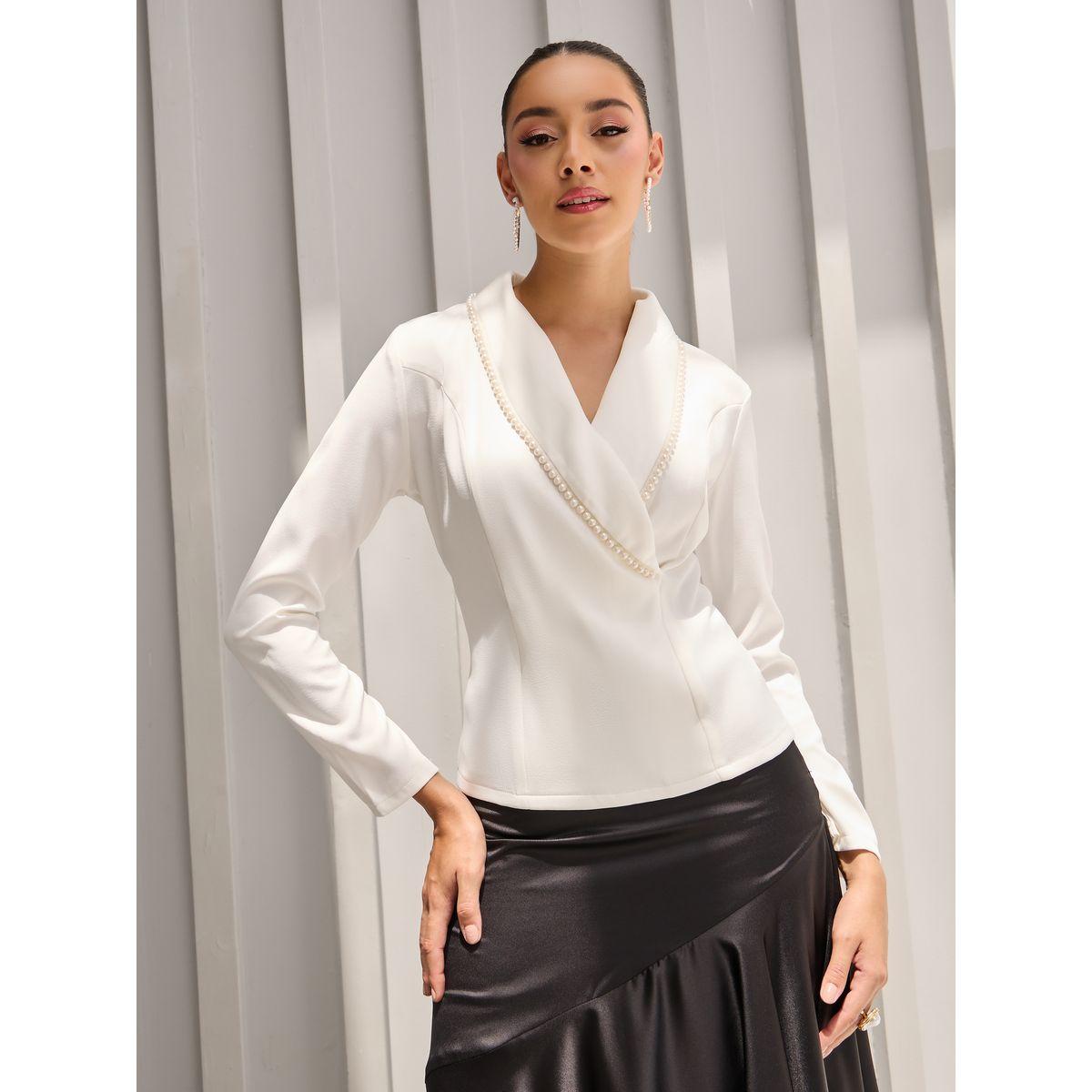 Styli Woven Lapel Collar Top with Faux Pearl Trim Detail-women-clothing-shirtsandblouses-blouses-image-4