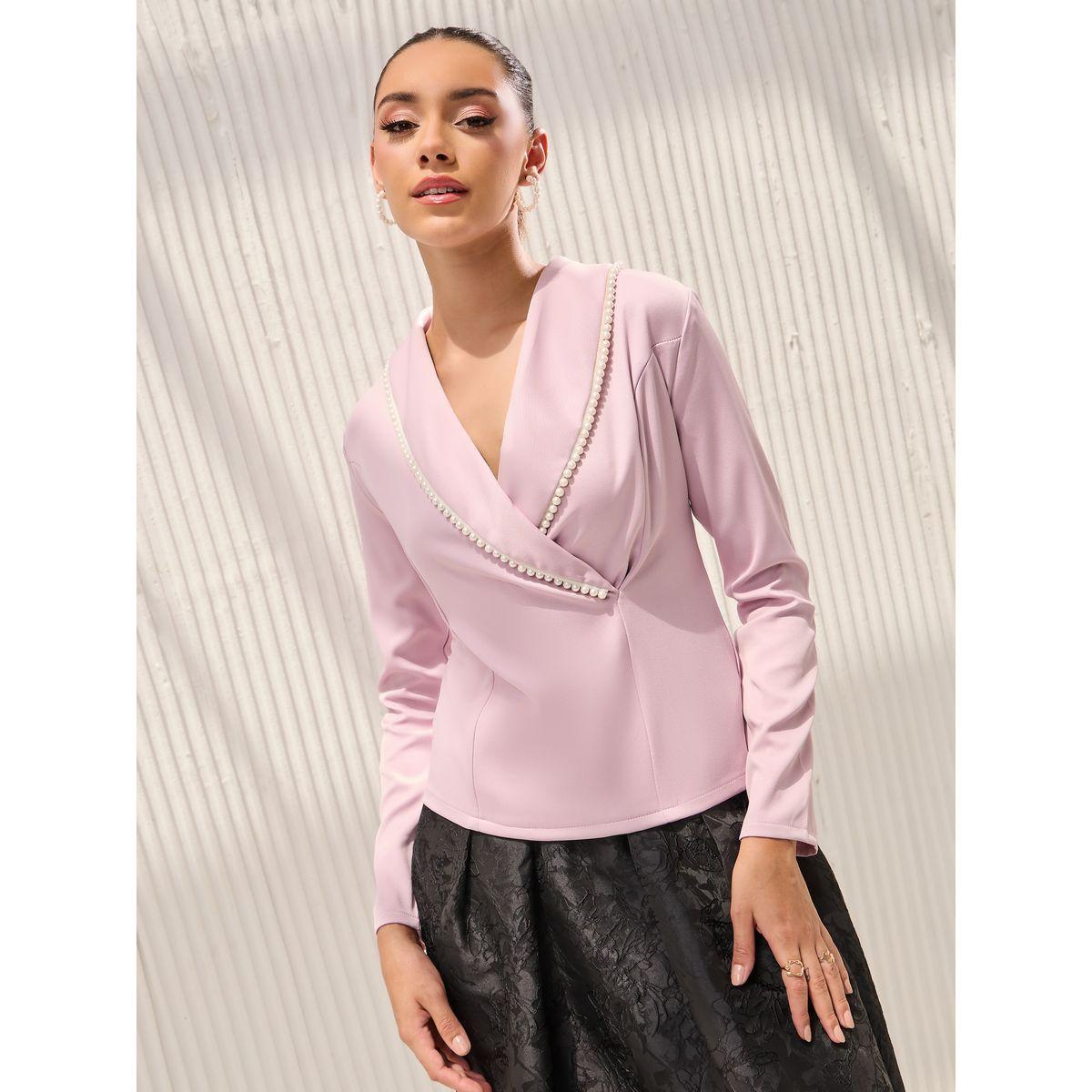 Styli Woven Lapel Collar Top with Faux Pearl Trim Detail-women-clothing-shirtsandblouses-blouses-image-1