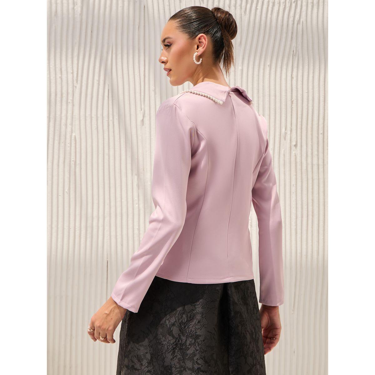 Styli Woven Lapel Collar Top with Faux Pearl Trim Detail-women-clothing-shirtsandblouses-blouses-image-5