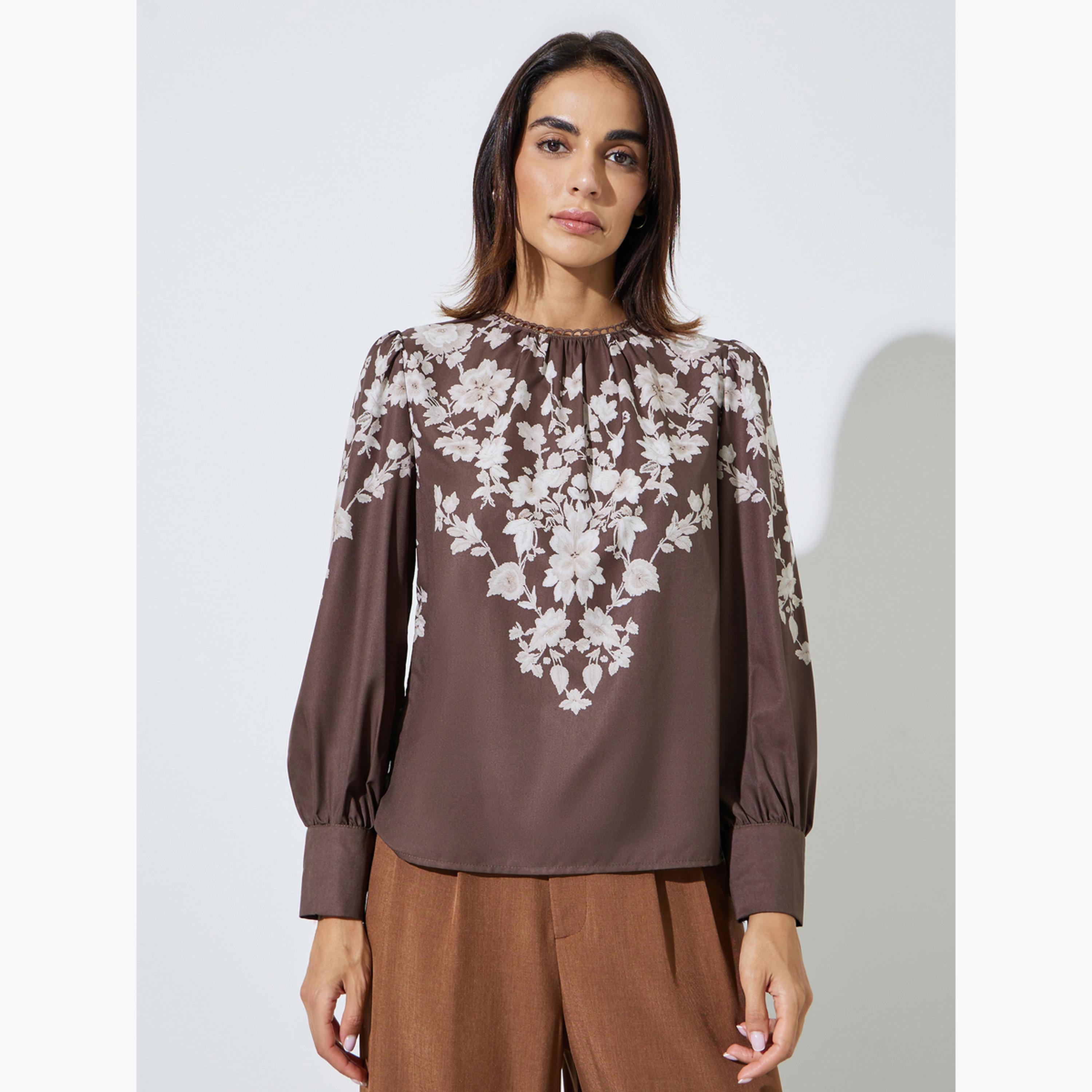 Styli Brown Floral Print Long Sleeve Blouse-women-clothing-shirtsandblouses-blouses-image-1