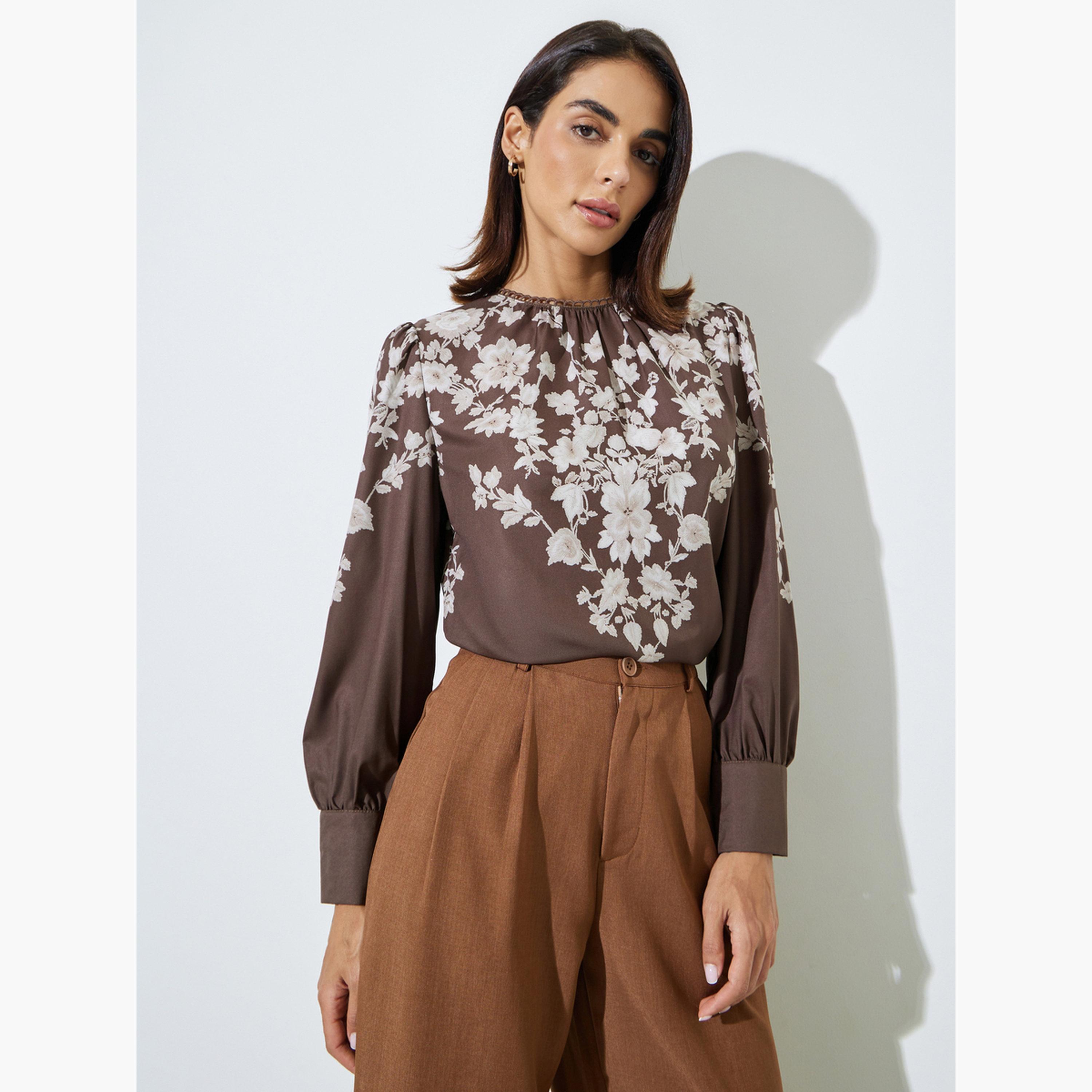 Styli Brown Floral Print Long Sleeve Blouse-women-clothing-shirtsandblouses-blouses-image-3