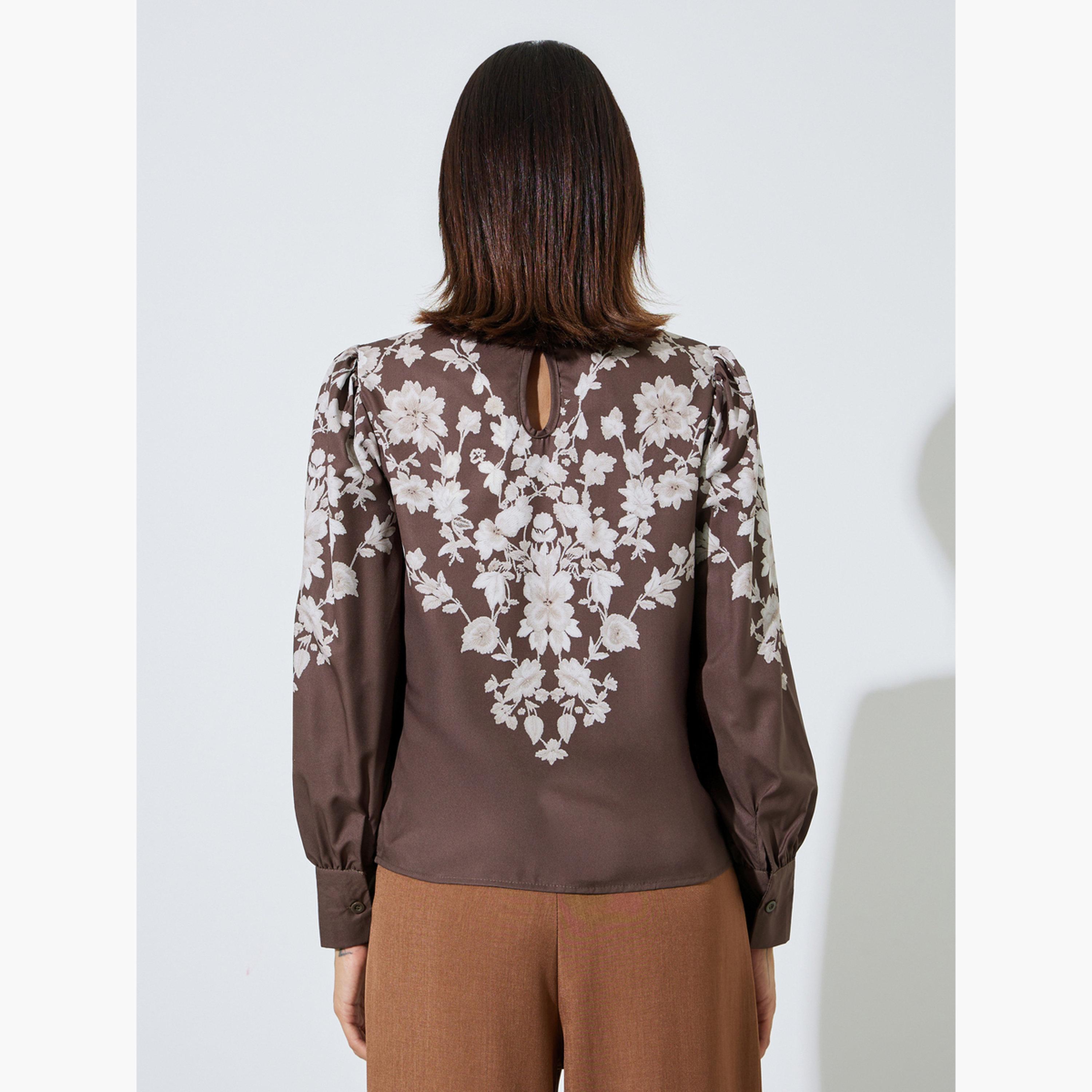 Styli Brown Floral Print Long Sleeve Blouse-women-clothing-shirtsandblouses-blouses-image-4