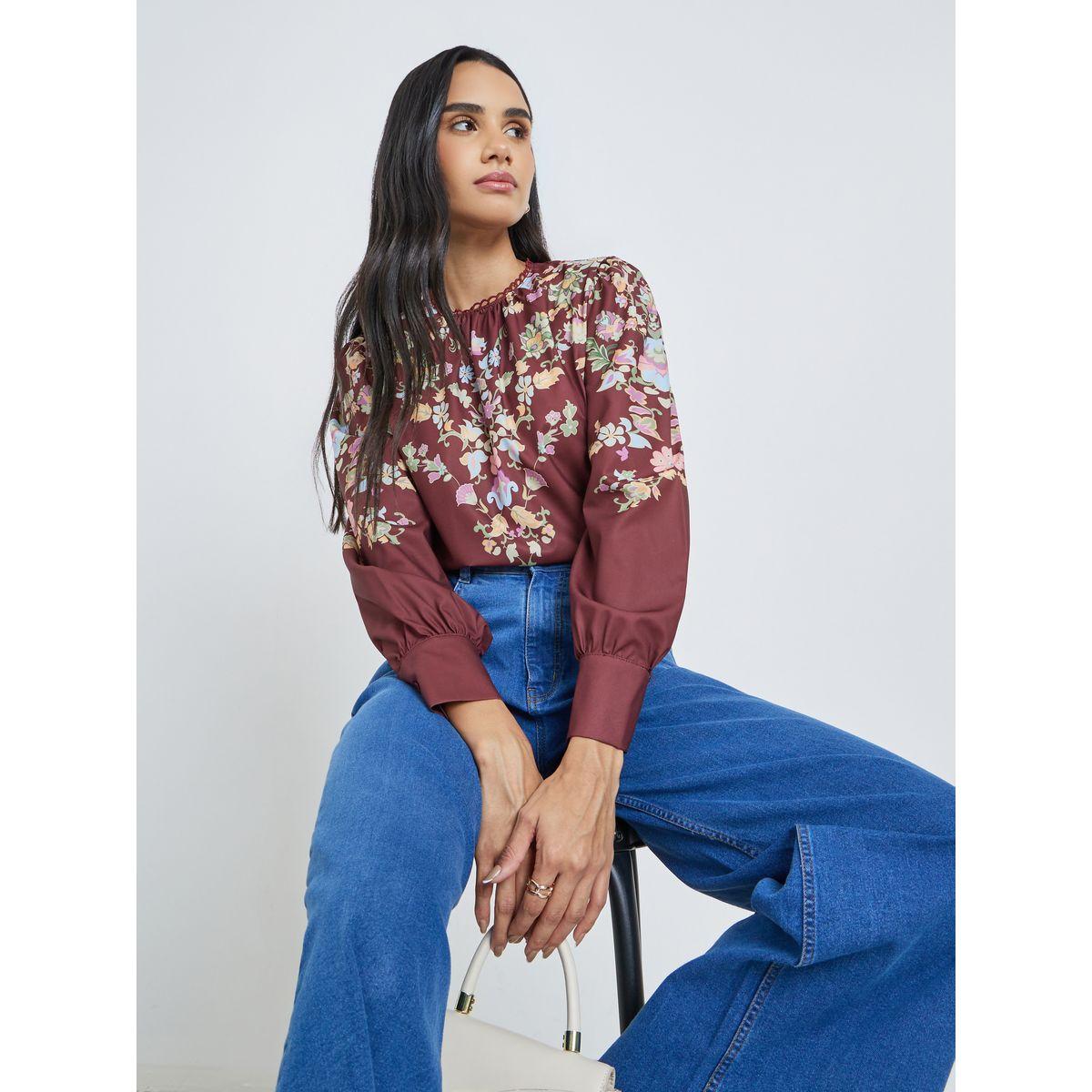 بلوزة بقصة عادية وطبعة زهور-women-clothing-shirtsandblouses-blouses-image-1