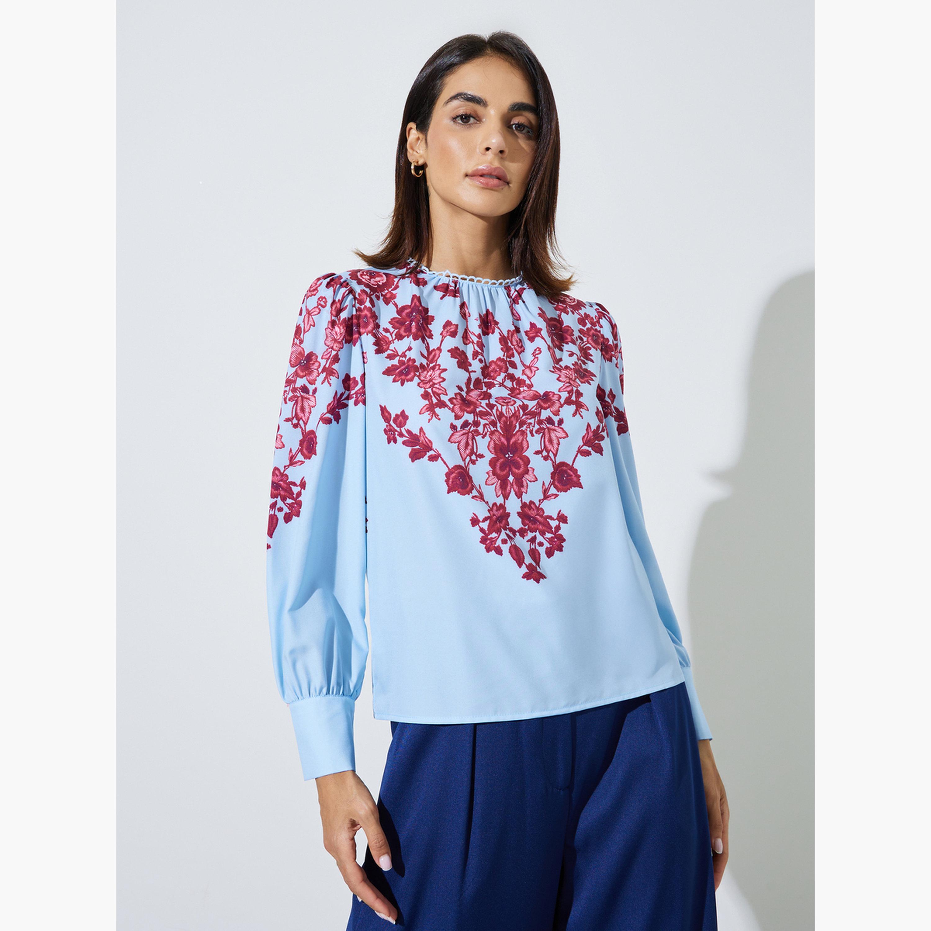ستايلي - بلوزة بأكمام طويلة مطبوعة بنقوش زهور زرقاء فاتحة-women-clothing-shirtsandblouses-blouses-image-1