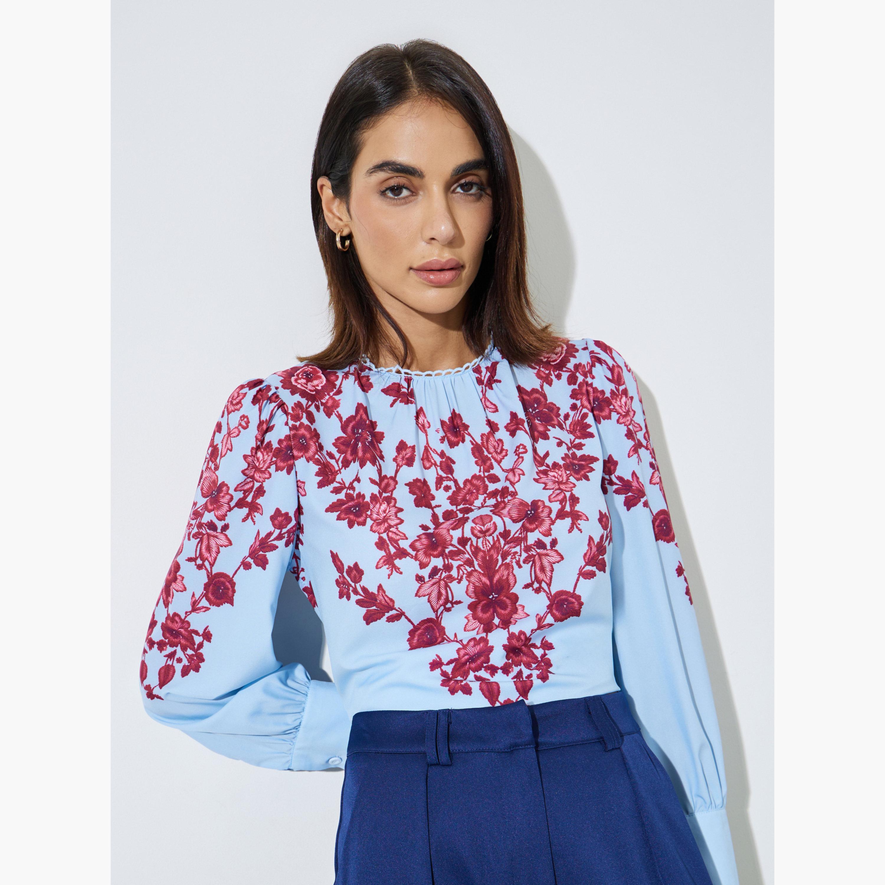 ستايلي - بلوزة بأكمام طويلة مطبوعة بنقوش زهور زرقاء فاتحة-women-clothing-shirtsandblouses-blouses-image-3