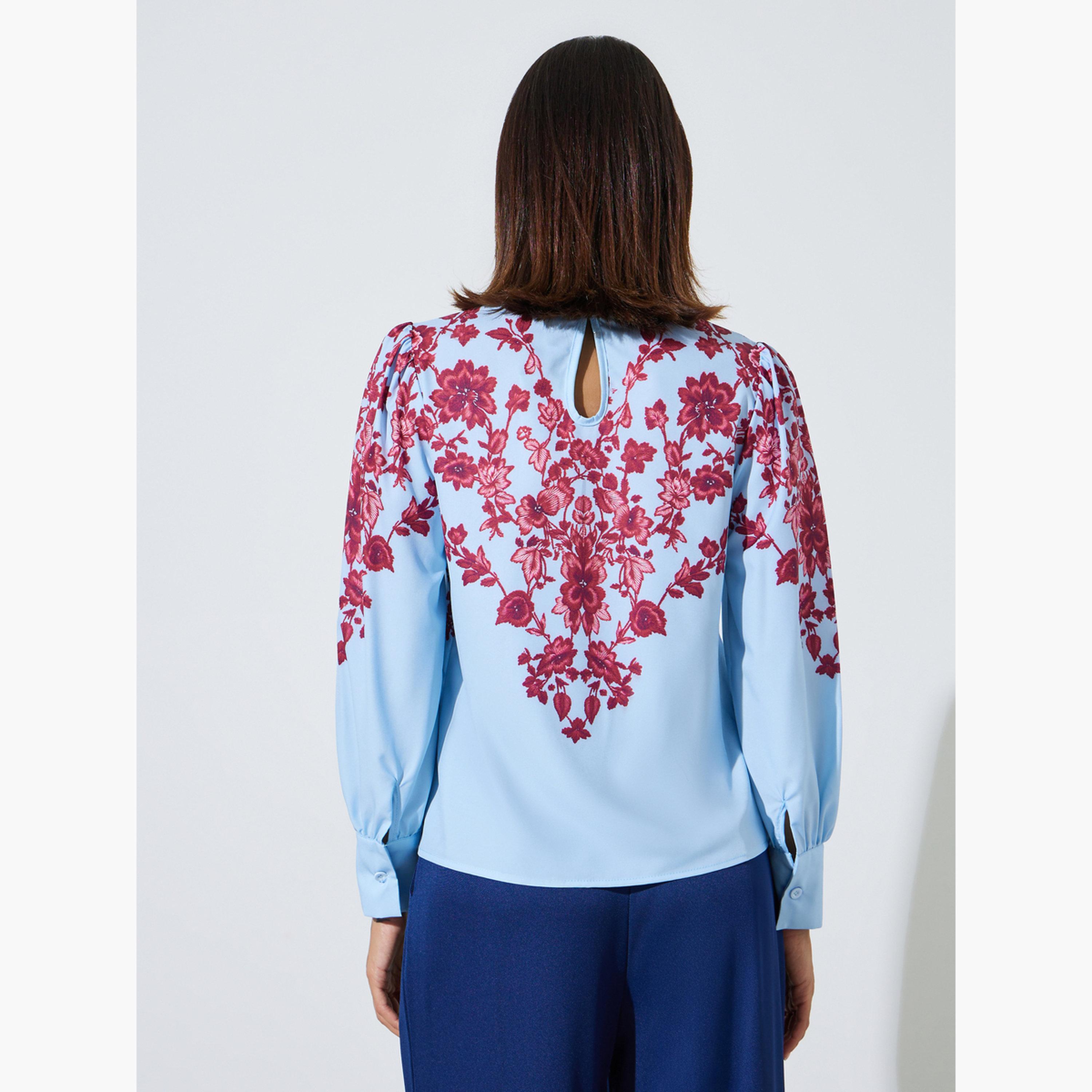 ستايلي - بلوزة بأكمام طويلة مطبوعة بنقوش زهور زرقاء فاتحة-women-clothing-shirtsandblouses-blouses-image-4
