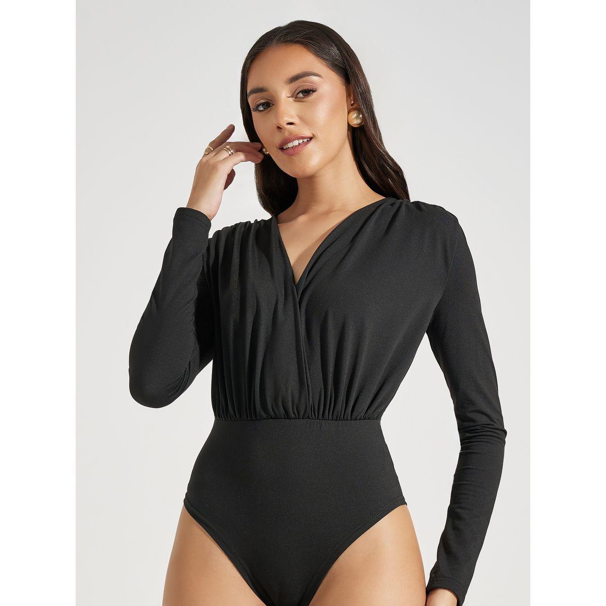 Styli V Neck Gathered Detail Knit Bodysuit-women-clothing-tshirts-image-1
