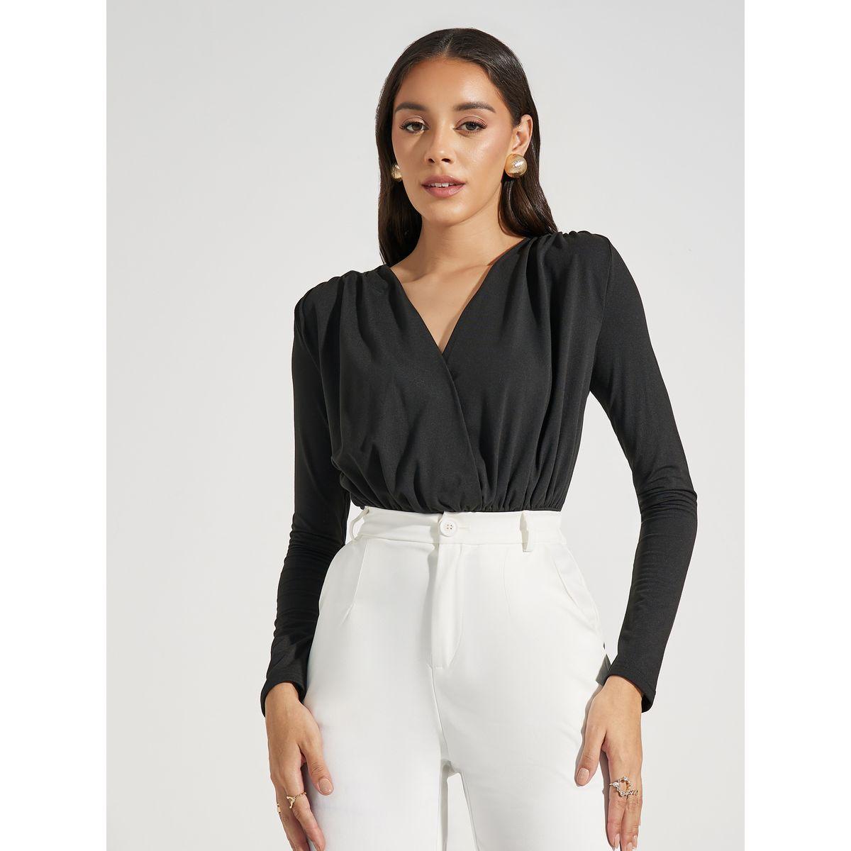 Styli V Neck Gathered Detail Knit Bodysuit-women-clothing-tshirts-image-2