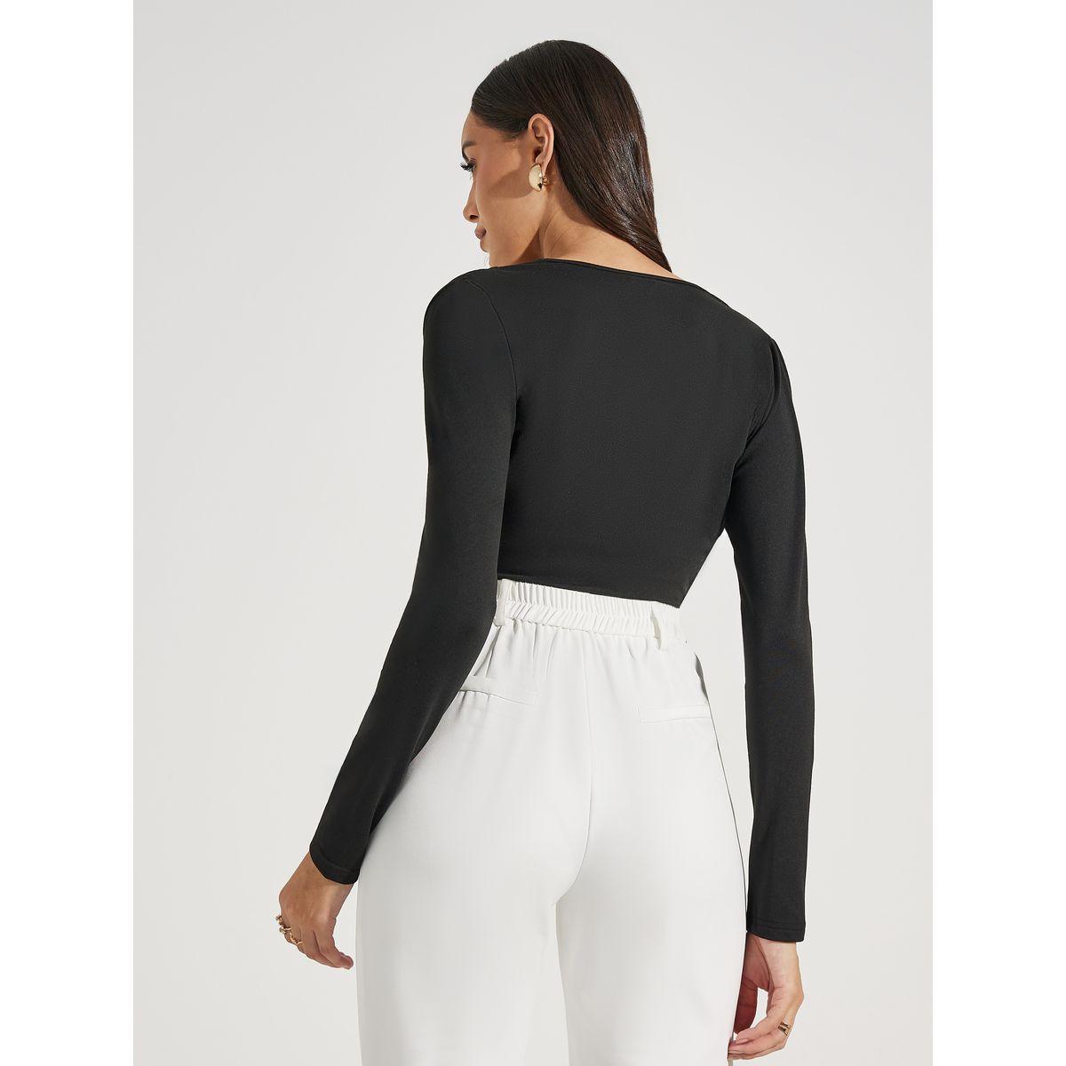 Styli V Neck Gathered Detail Knit Bodysuit-women-clothing-tshirts-image-5