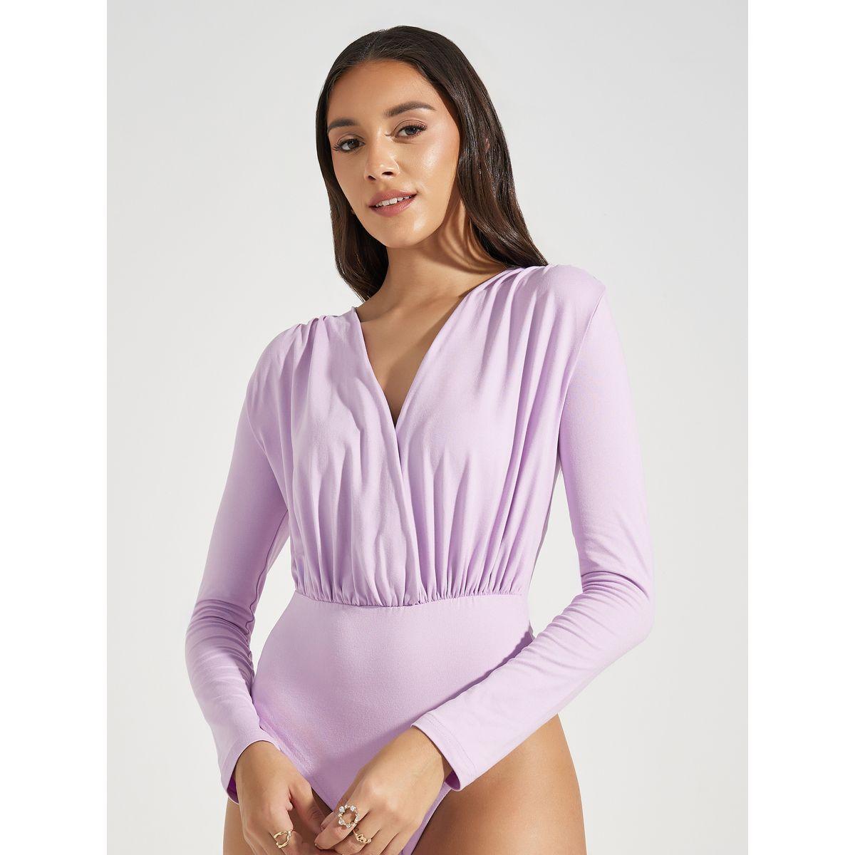 Styli V Neck Gathered Detail Knit Bodysuit-women-clothing-tshirts-image-1