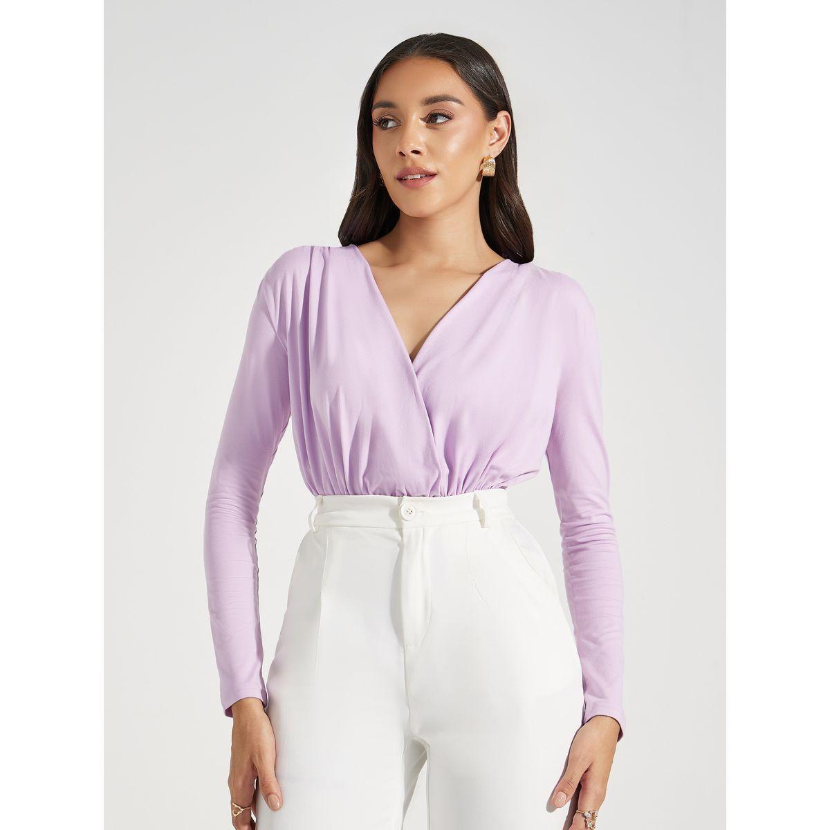 Styli V Neck Gathered Detail Knit Bodysuit-women-clothing-tshirts-image-2