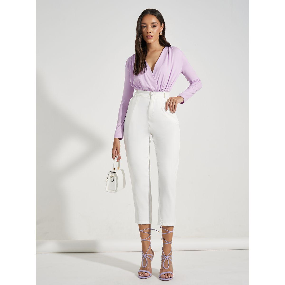 Styli V Neck Gathered Detail Knit Bodysuit-women-clothing-tshirts-image-3