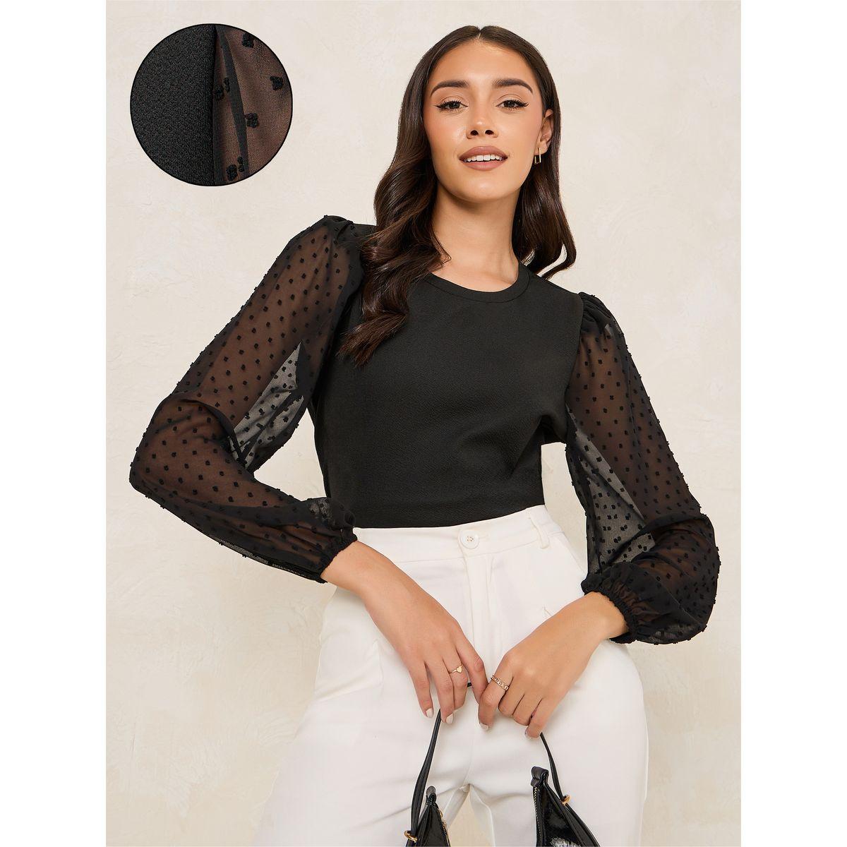 بلوزة سادة بياقة دائرية واكمام بالون-women-clothing-shirtsandblouses-blouses-image-1