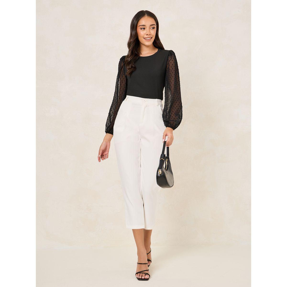 Styli Solid Round Neck Top with Dobby Balloon Sleeves-women-clothing-shirtsandblouses-blouses-image-2