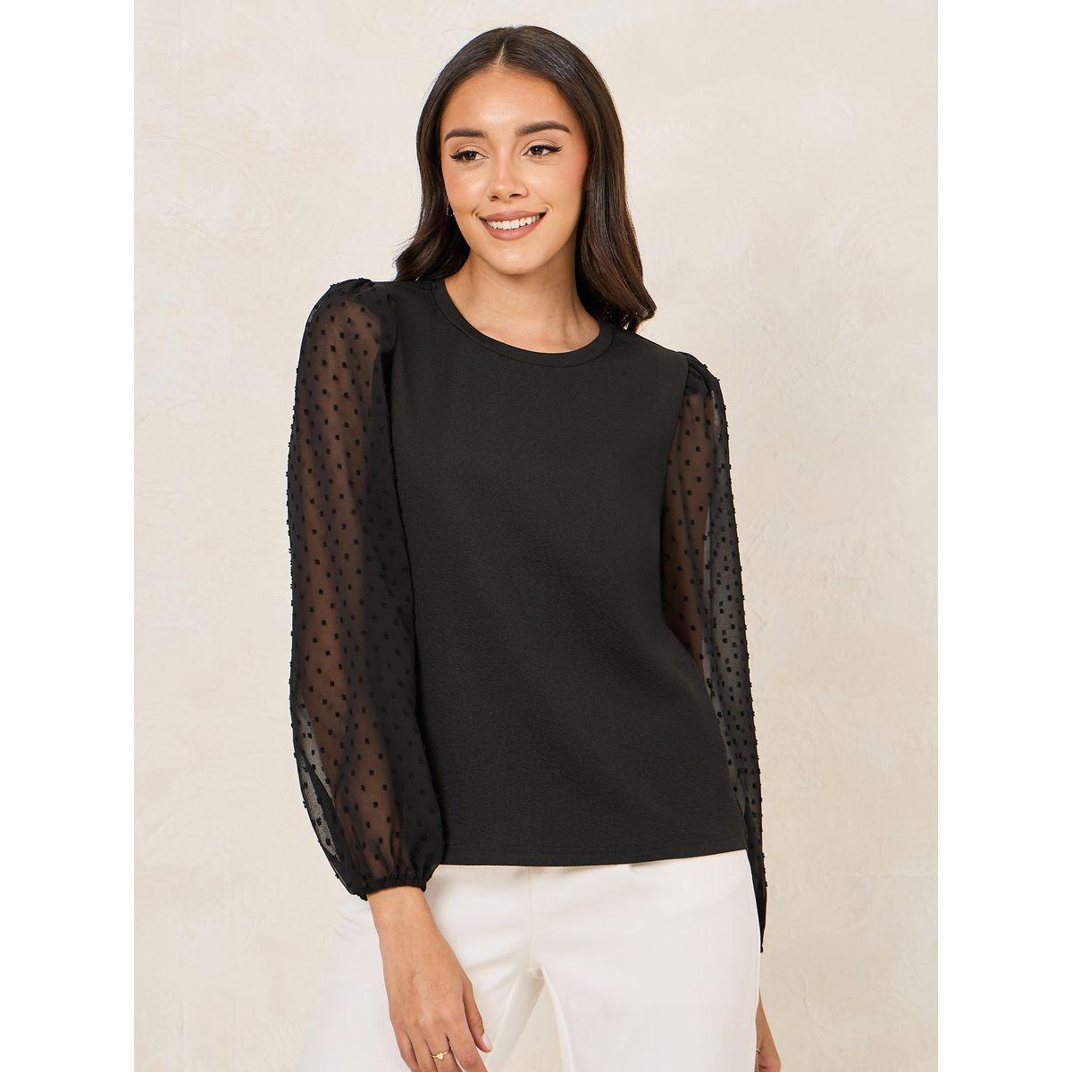 Styli Solid Round Neck Top with Dobby Balloon Sleeves-women-clothing-shirtsandblouses-blouses-image-3