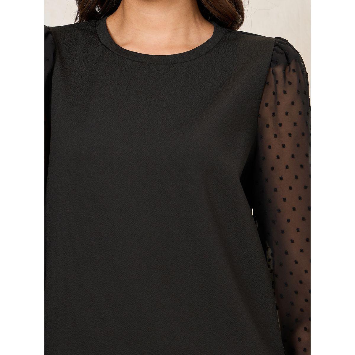 Styli Solid Round Neck Top with Dobby Balloon Sleeves-women-clothing-shirtsandblouses-blouses-image-4