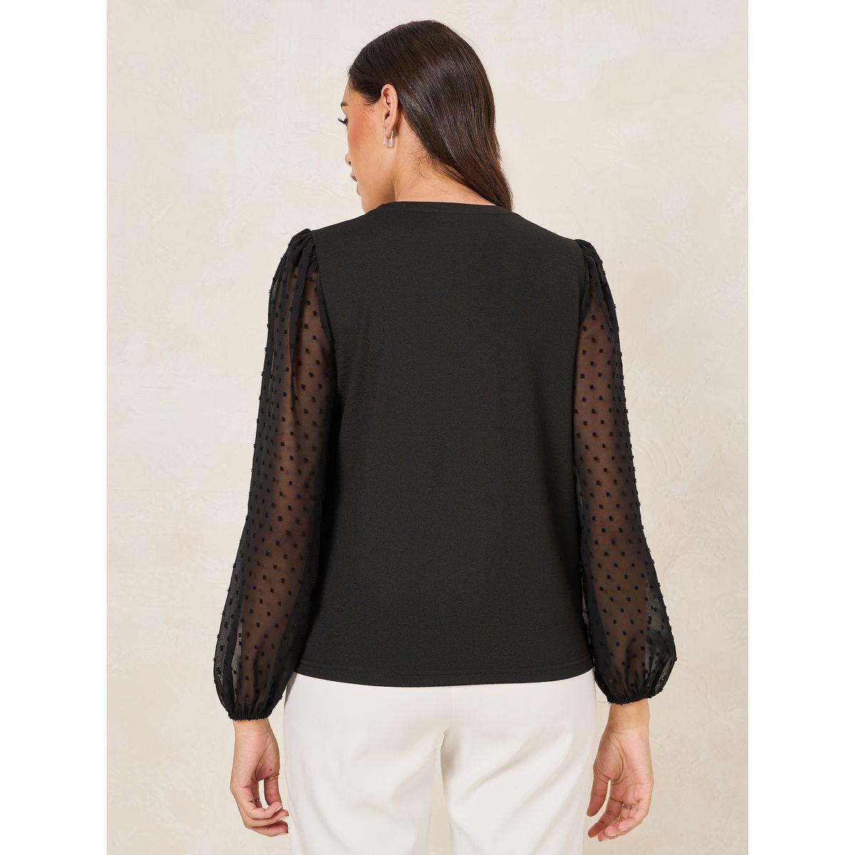 Styli Solid Round Neck Top with Dobby Balloon Sleeves-women-clothing-shirtsandblouses-blouses-image-5