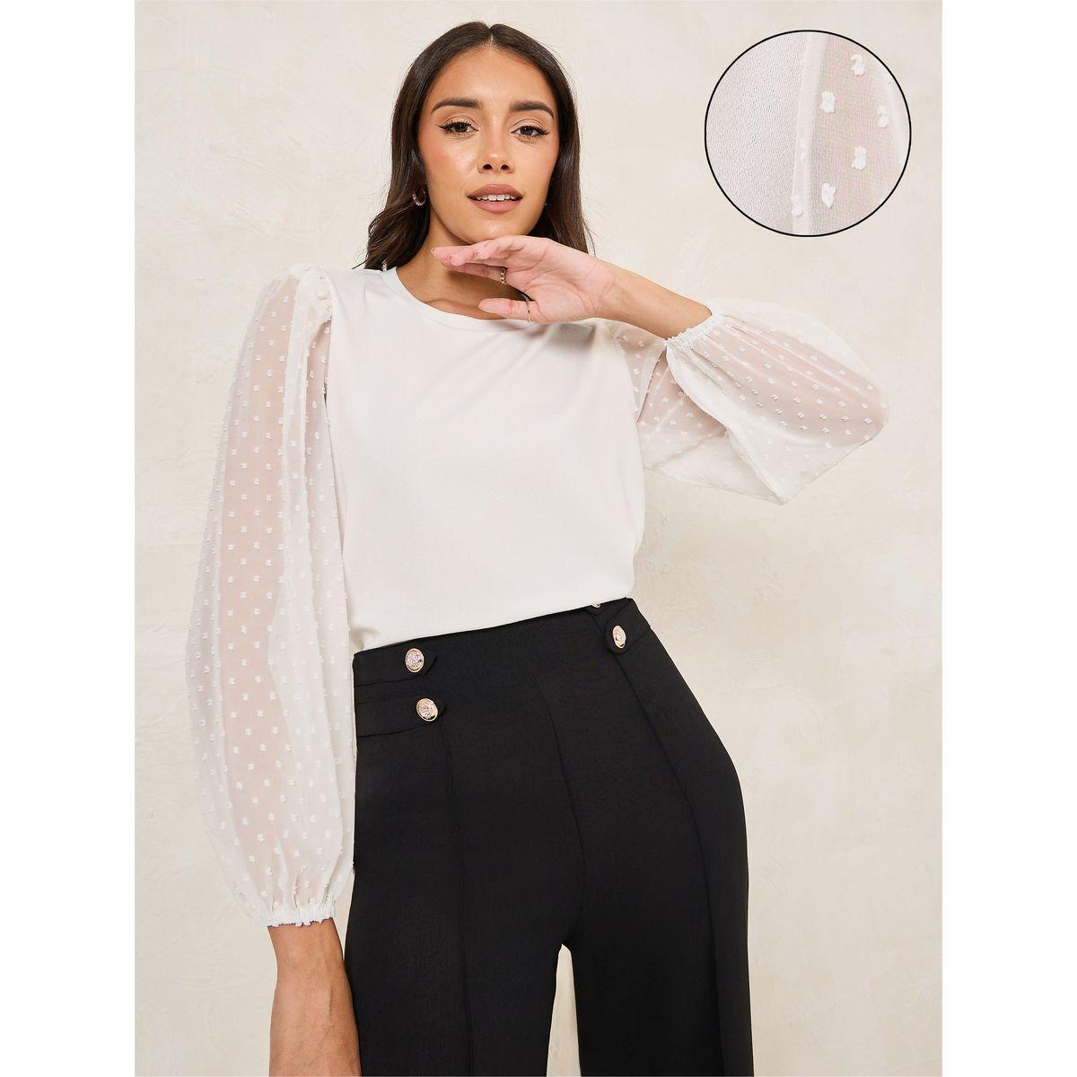 بلوزة سادة بياقة دائرية واكمام بالون-women-clothing-shirtsandblouses-blouses-image-1