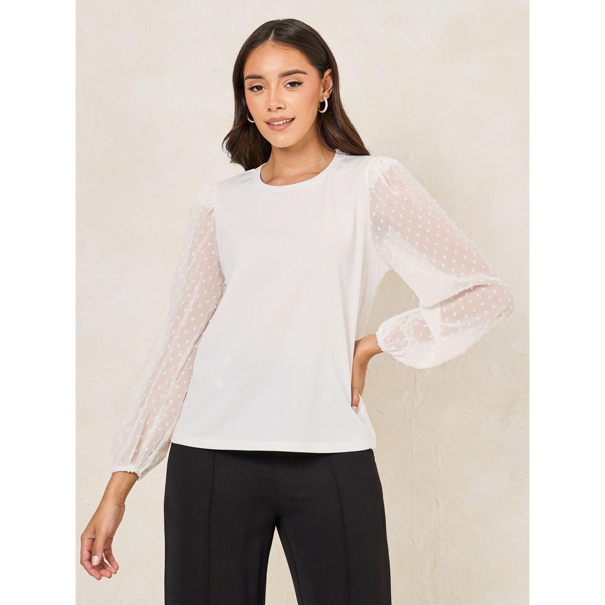 بلوزة سادة بياقة دائرية واكمام بالون-women-clothing-shirtsandblouses-blouses-image-3