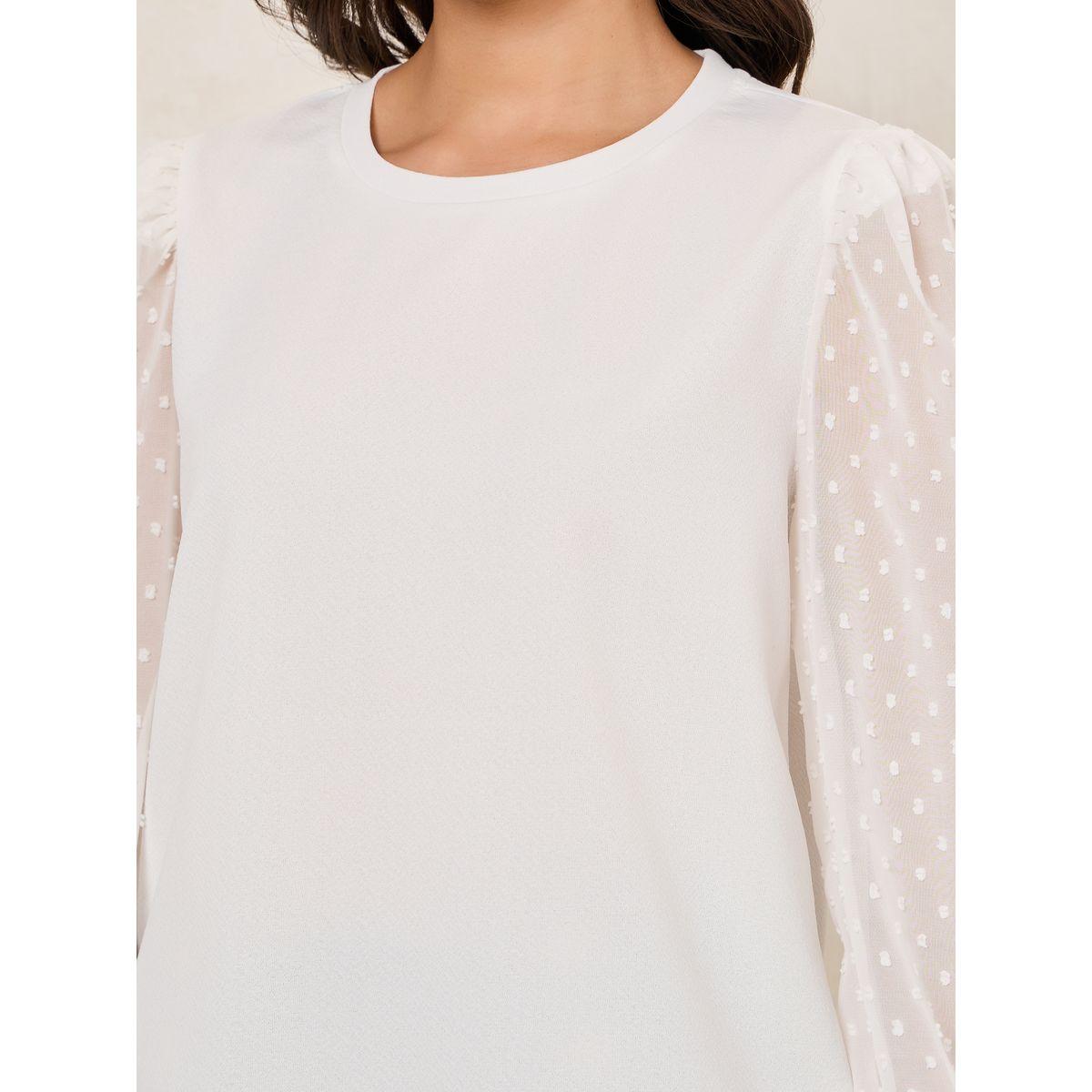 Styli Solid Round Neck Top with Dobby Balloon Sleeves-women-clothing-shirtsandblouses-blouses-image-4