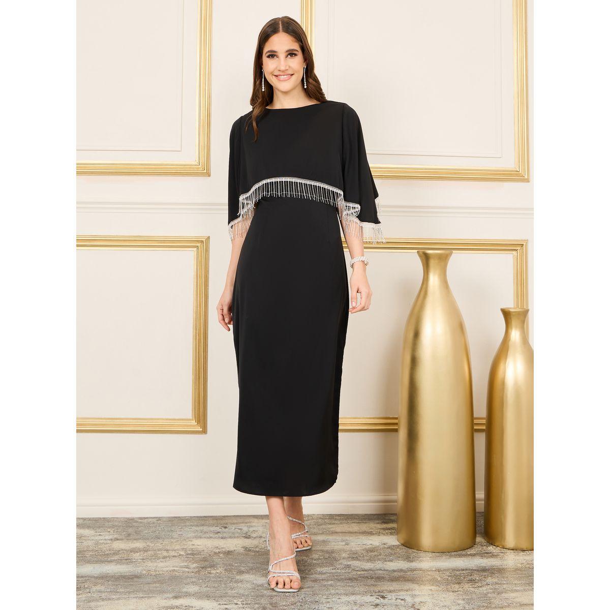 Luxewave X Styli  Tassel Trim Cape Sleeves Shift Maxi Dress-women-clothing-dresses-image-1