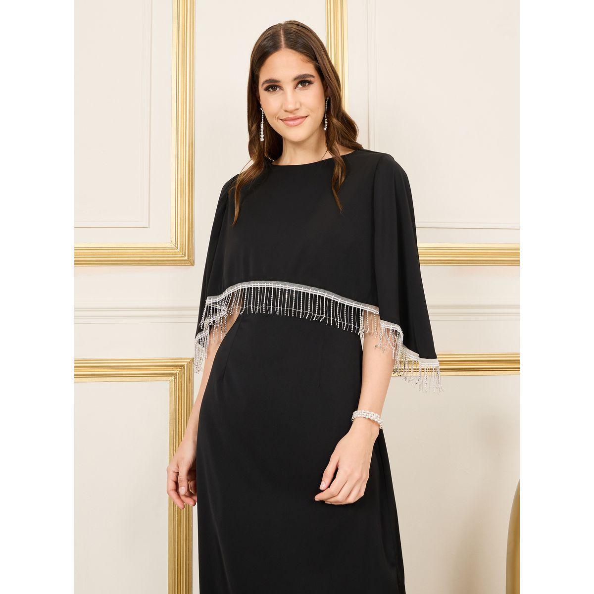 Luxewave X Styli  Tassel Trim Cape Sleeves Shift Maxi Dress-women-clothing-dresses-image-2