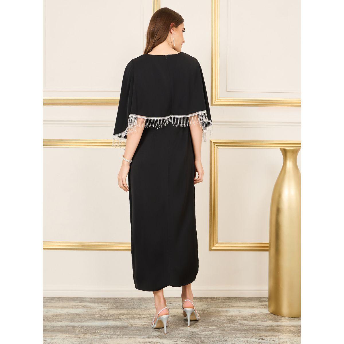 Luxewave X Styli  Tassel Trim Cape Sleeves Shift Maxi Dress-women-clothing-dresses-image-4