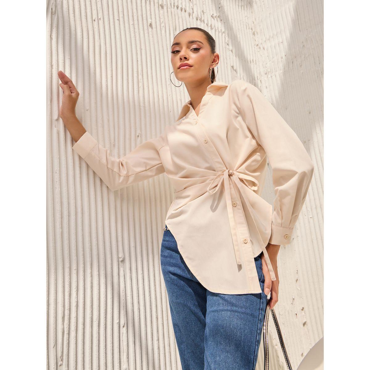 Styli Asymmetric Hem Wrap Tie Front Solid Shirt-women-clothing-shirtsandblouses-shirts-image-1