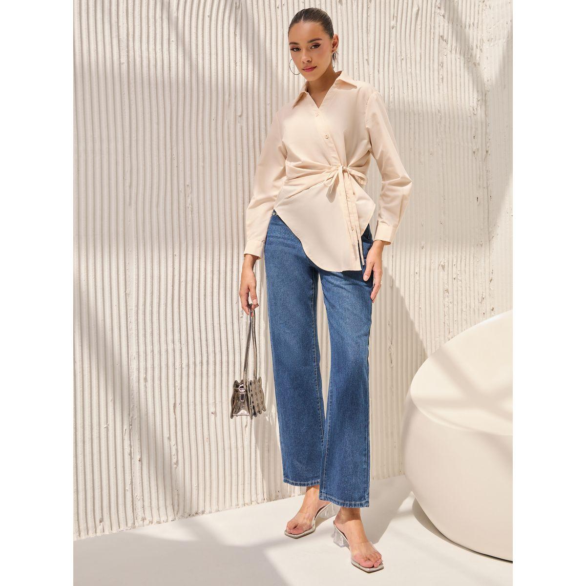 بلوزة سادة بنمط لف وحافة غير متماثلة الطول-women-clothing-shirtsandblouses-shirts-image-2
