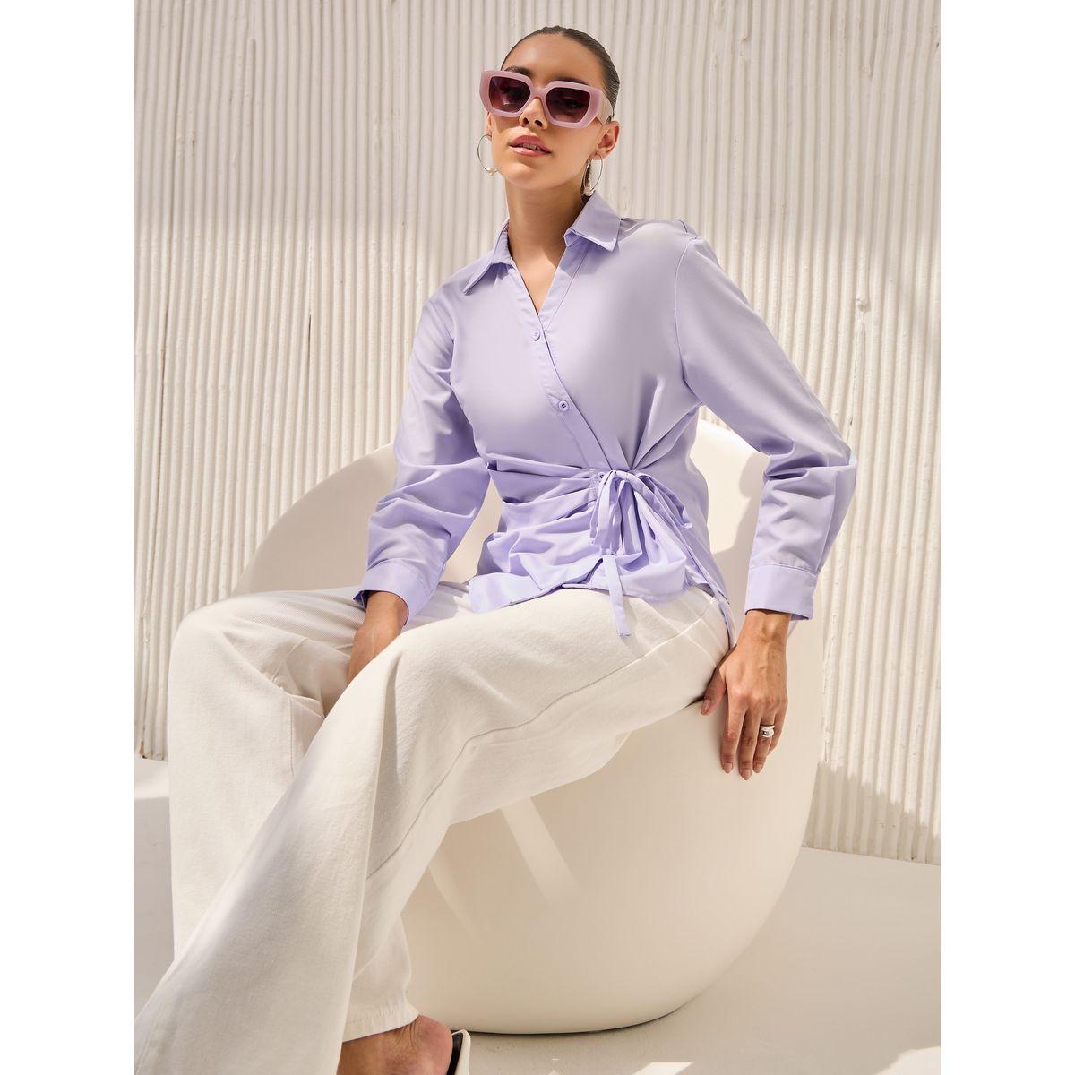 Styli Asymmetric Hem Wrap Tie Front Solid Shirt-women-clothing-shirtsandblouses-shirts-image-1