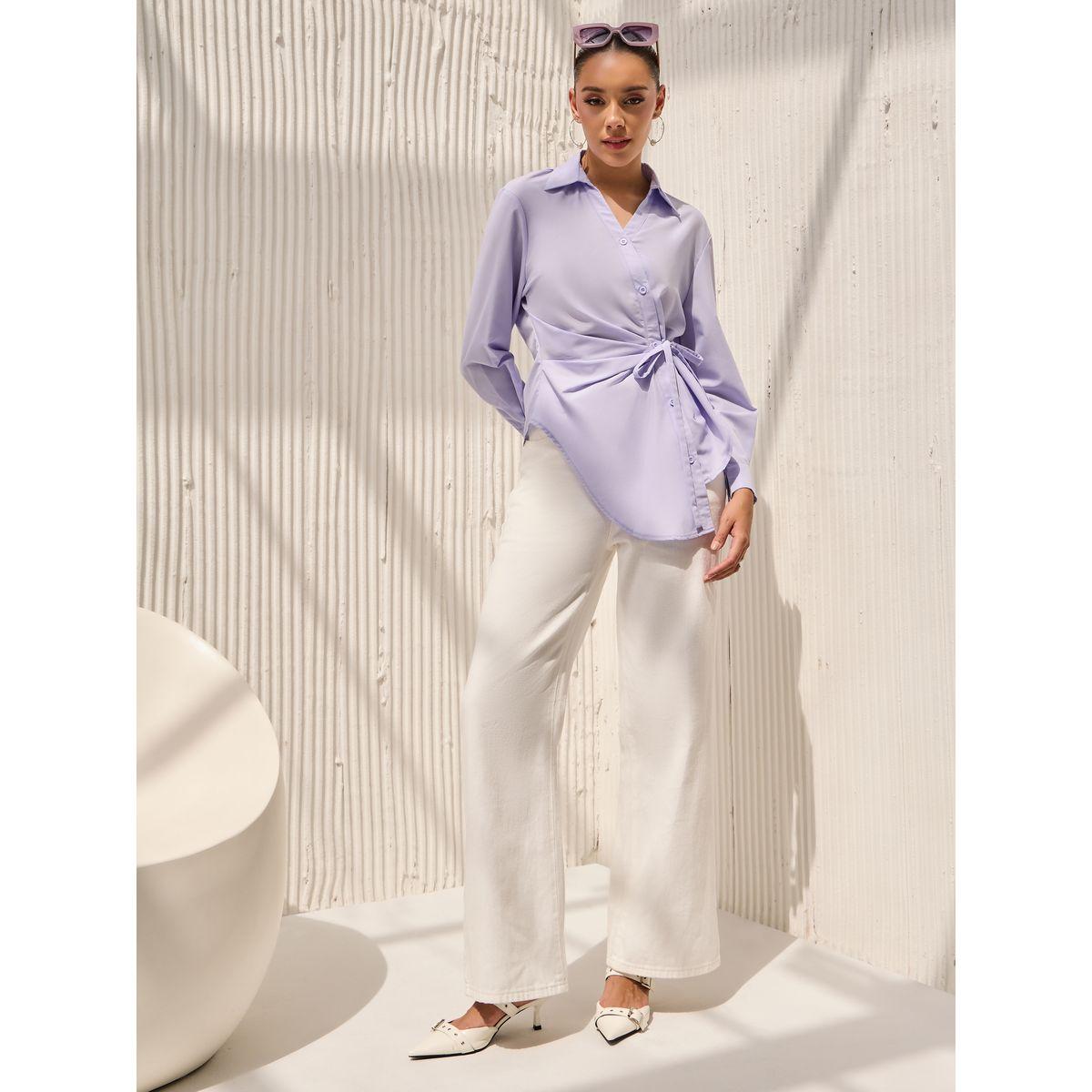 Styli Asymmetric Hem Wrap Tie Front Solid Shirt-women-clothing-shirtsandblouses-shirts-image-2