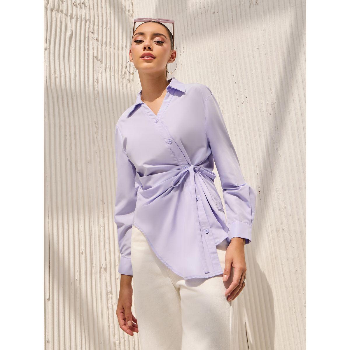 بلوزة سادة بنمط لف وحافة غير متماثلة الطول-women-clothing-shirtsandblouses-shirts-image-3