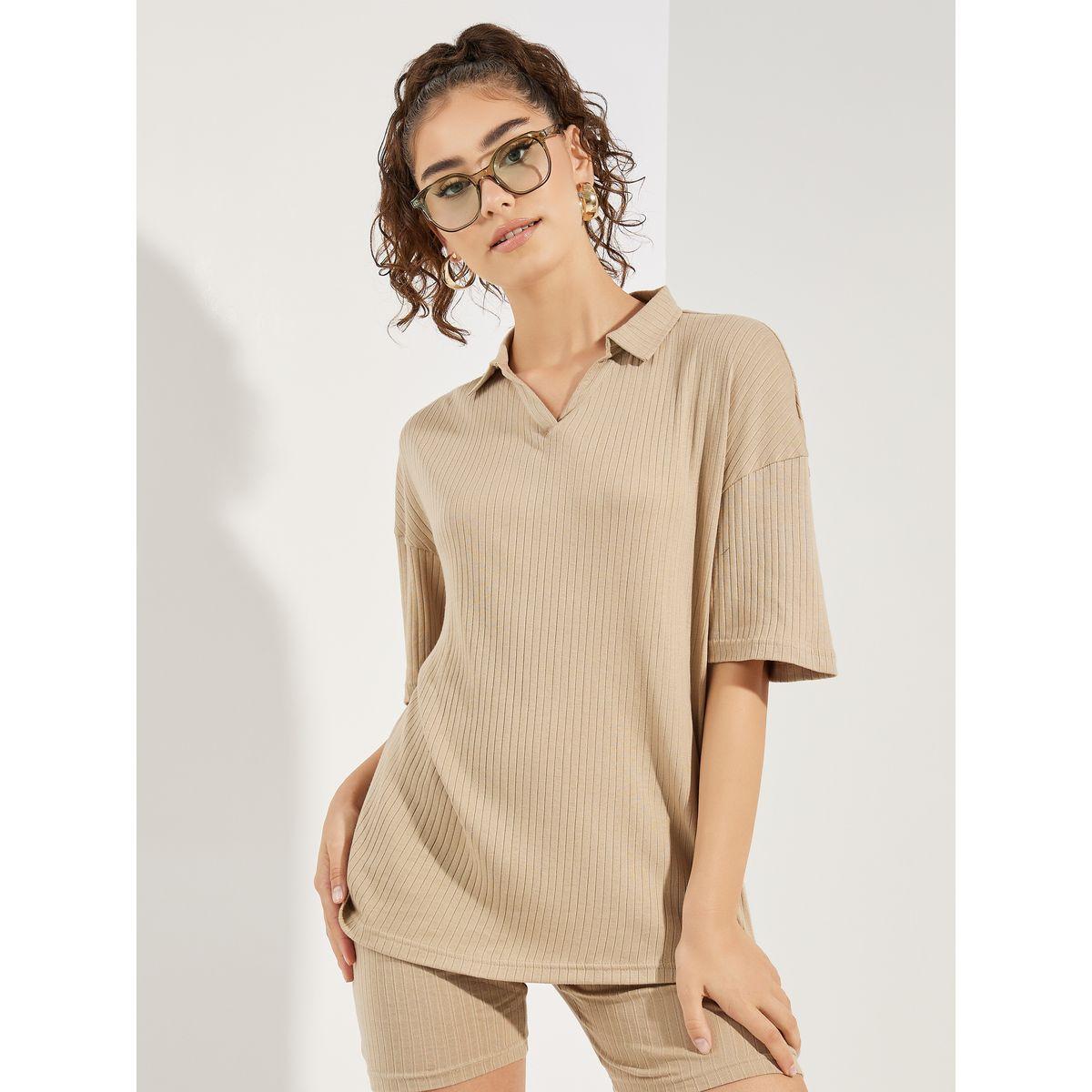 Styli Oversized Dropped Shoulder Ribbed Polo T-Shirt-women-clothing-tshirts-image-1