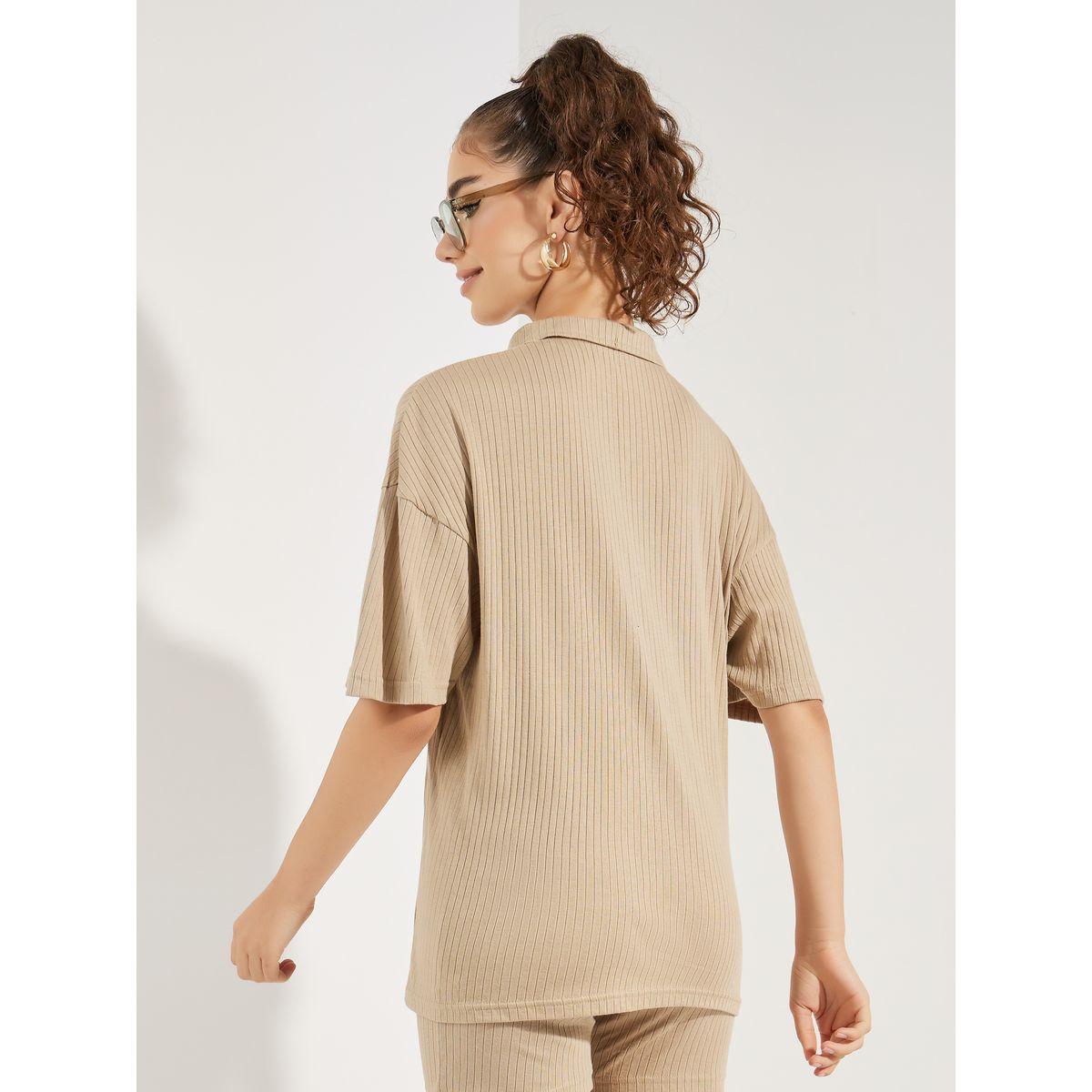 Styli Oversized Dropped Shoulder Ribbed Polo T-Shirt-women-clothing-tshirts-image-4