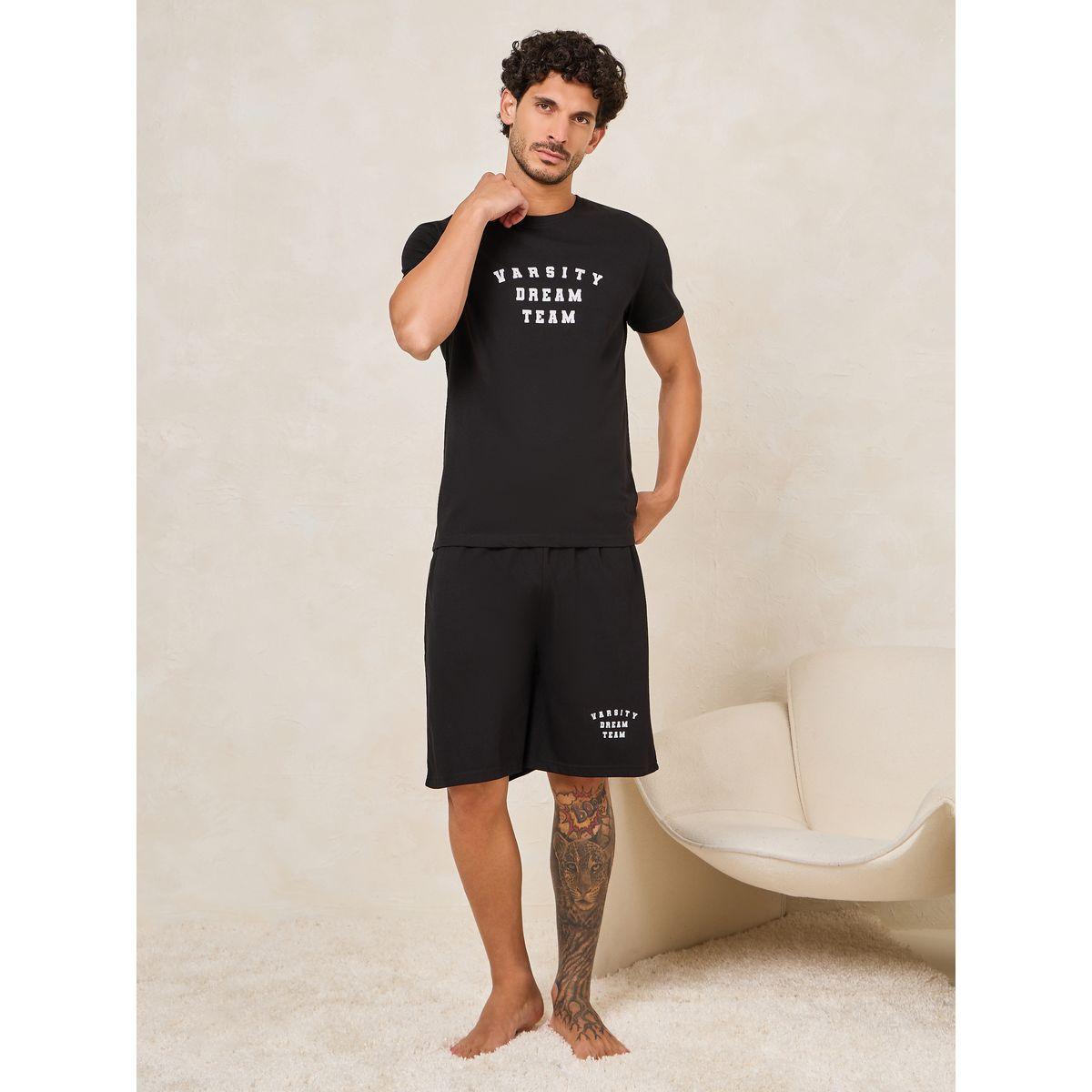 Styli Unwind Dream Team Slogan Print T-Shirt & Shorts Set-men-clothing-nightwear-sets-image-1