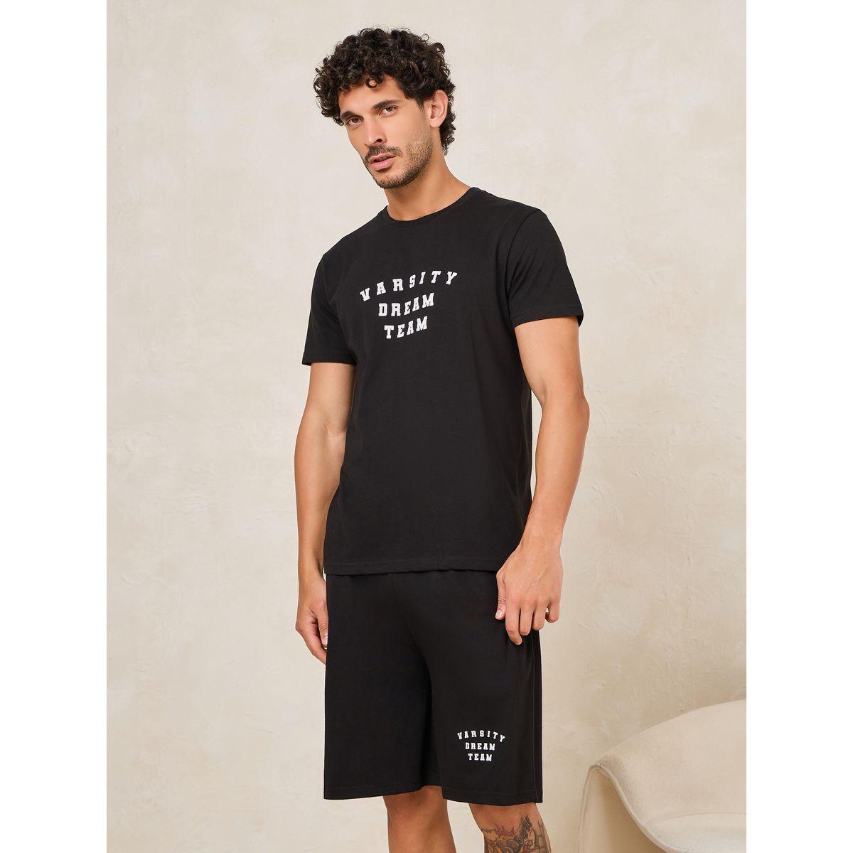 Styli Unwind Dream Team Slogan Print T-Shirt & Shorts Set-men-clothing-nightwear-sets-image-2