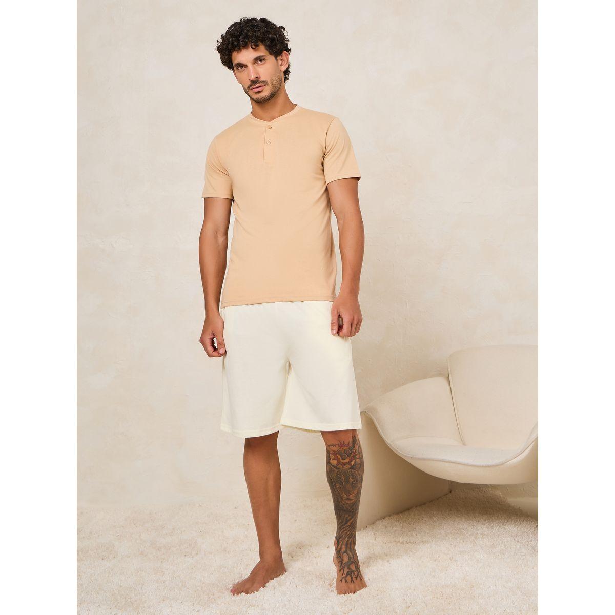 Styli Unwind Solid Henley T-Shirt with Shorts Set-men-clothing-nightwear-sets-image-1