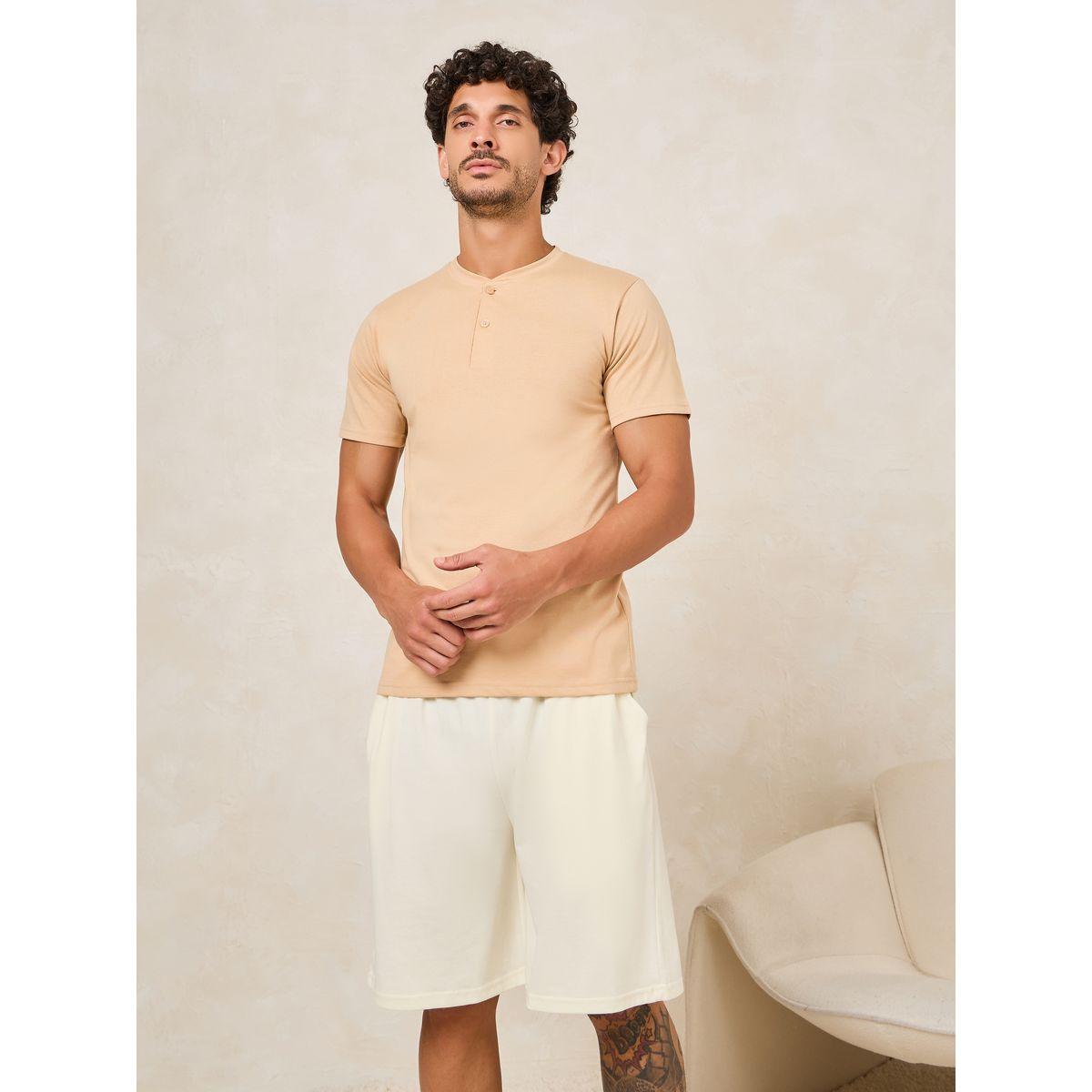 Styli Unwind Solid Henley T-Shirt with Shorts Set-men-clothing-nightwear-sets-image-2