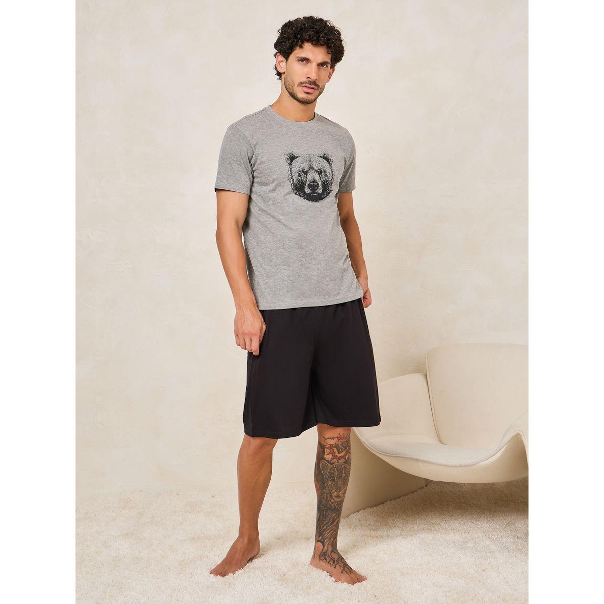 Styli Unwind Bear Print T-Shirt & Solid Shorts Set-men-clothing-nightwear-sets-image-1
