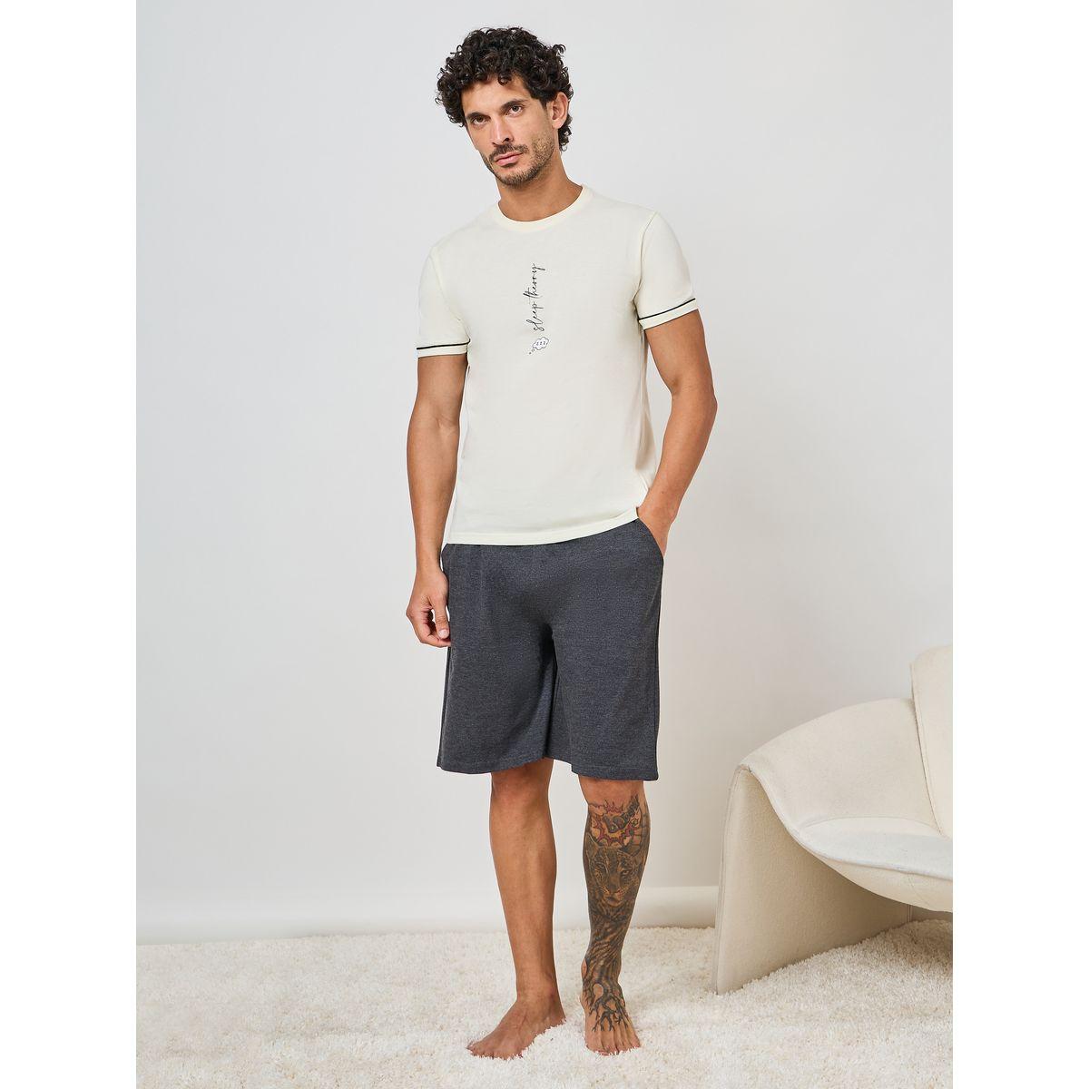 Styli Unwind Slogan Print T-Shirt & Plain Shorts Set-men-clothing-nightwear-sets-image-1