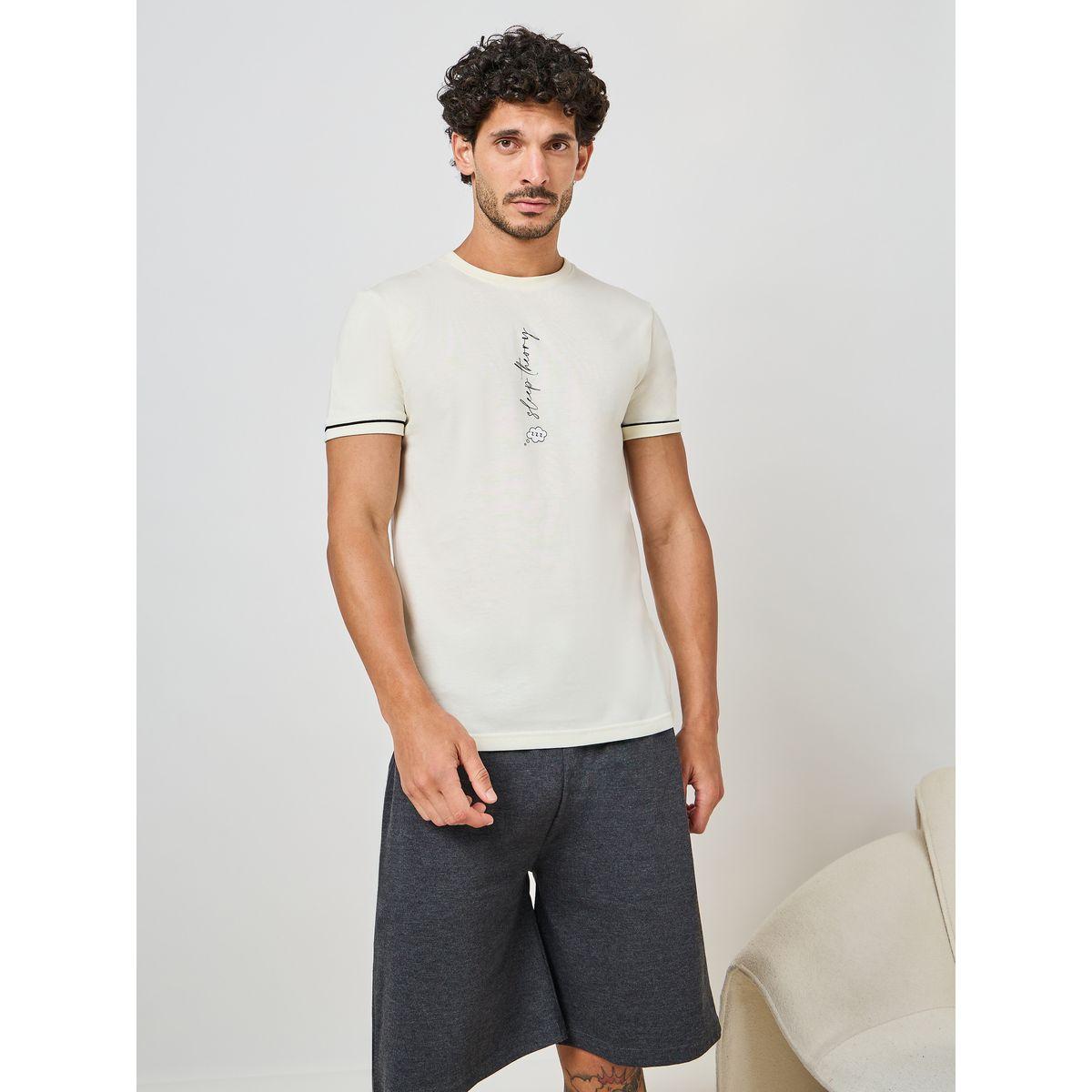 Styli Unwind Slogan Print T-Shirt & Plain Shorts Set-men-clothing-nightwear-sets-image-2
