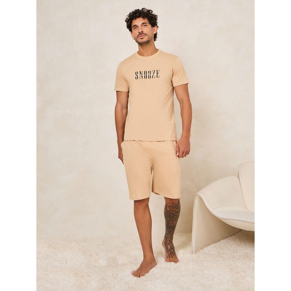 Styli Unwind Slogan Print Cotton T-Shirt & Shorts Set-men-clothing-nightwear-sets-image-1
