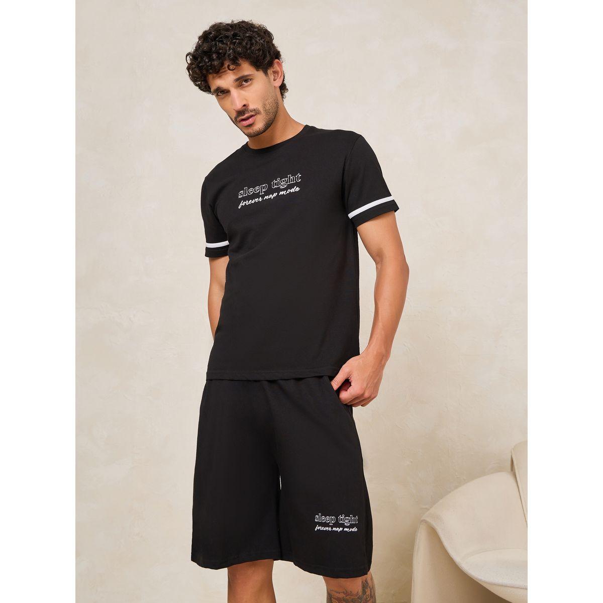 Styli Unwind Sleep Tight Slogan Print T-Shirt & Shorts Set-men-clothing-nightwear-sets-image-2