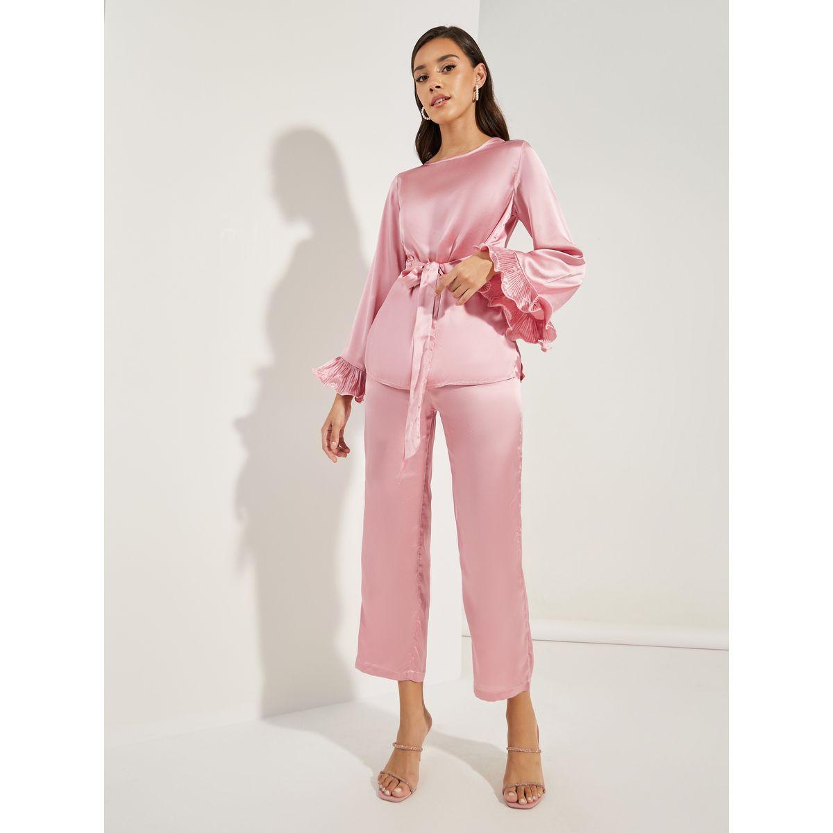 Styli Limited Solid Dressy Ruffled Sleeves Top & Pants Co-Ords-women-clothing-coordsets-image-1
