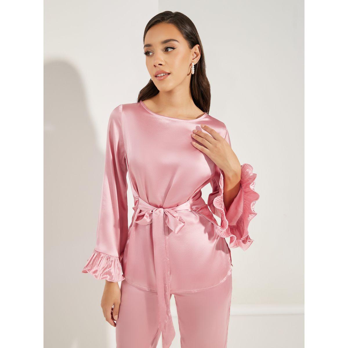 Styli Limited Solid Dressy Ruffled Sleeves Top & Pants Co-Ords-women-clothing-coordsets-image-2