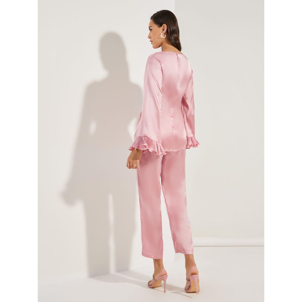 طقم منسق من بنطال مع بلوزة سادة باكمام كشكش-women-clothing-coordsets-image-5