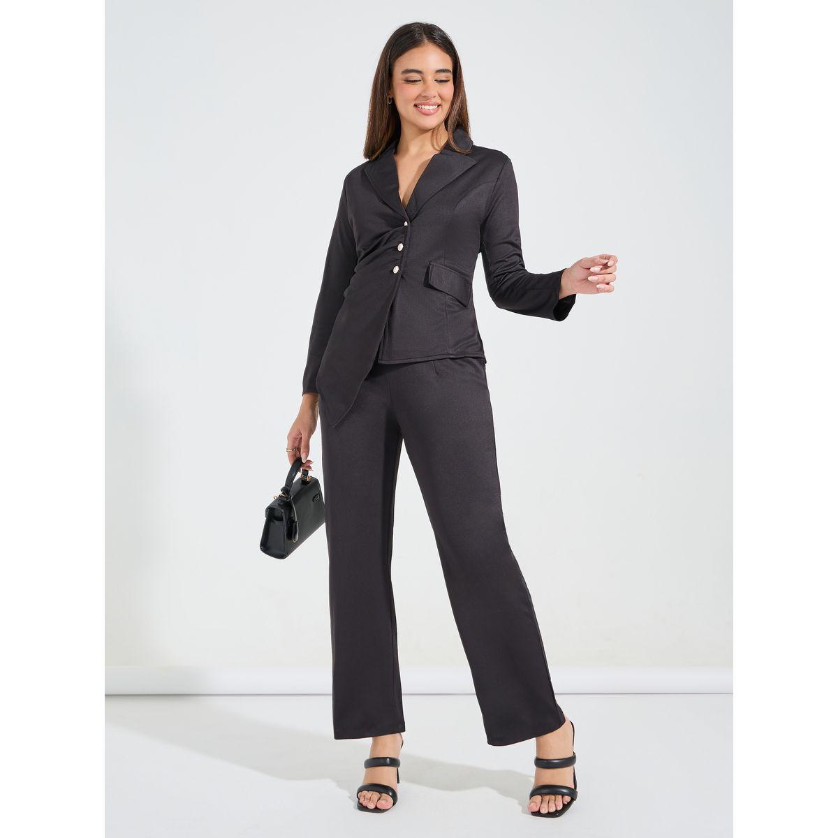 Styli Limited Solid Asymmetric Hem Blazer & Straight Leg Pants Co-Ords-women-clothing-coordsets-image-1