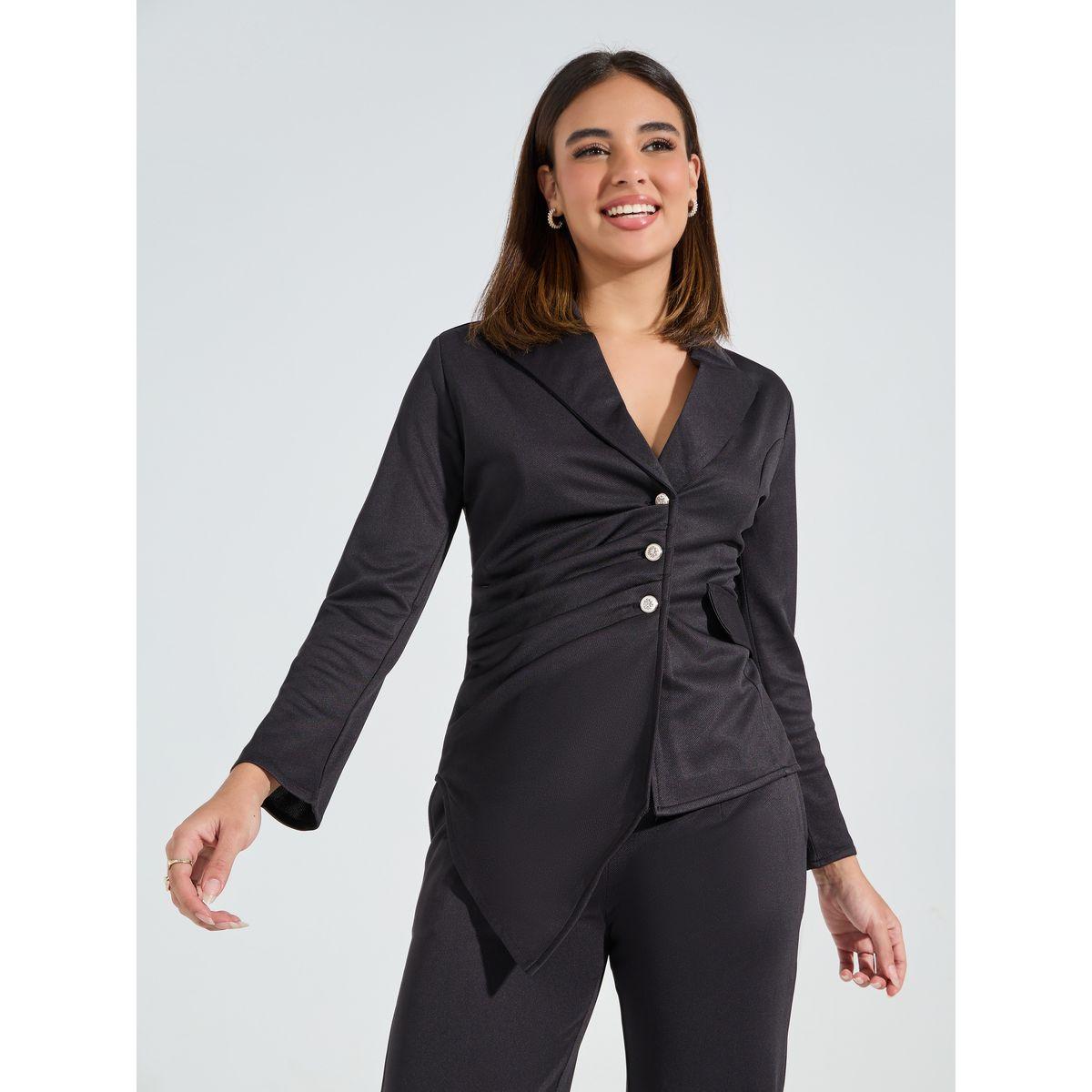 Styli Limited Solid Asymmetric Hem Blazer & Straight Leg Pants Co-Ords-women-clothing-coordsets-image-2