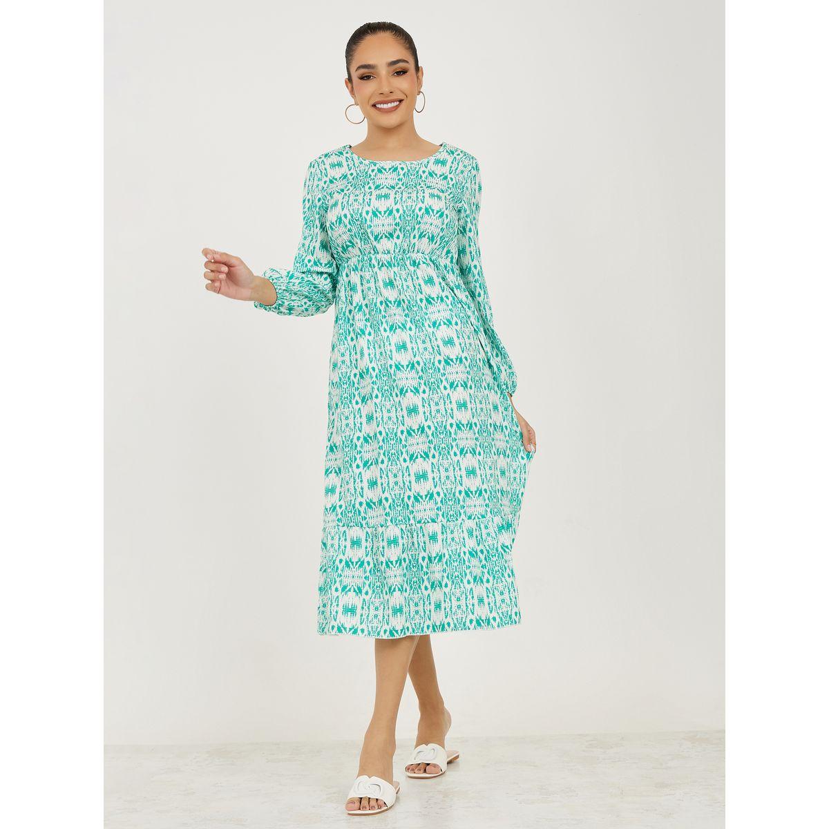 فستان ميدي مطبع بالكامل مع ياقة دائرية-women-clothing-dresses-image-2