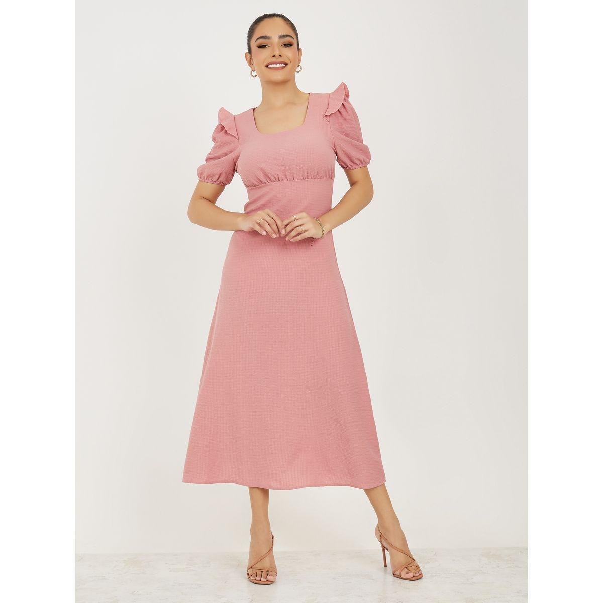 Styli Textured Square Neck A-Line Midi Dress with Puff Sleeve-women-clothing-dresses-image-1
